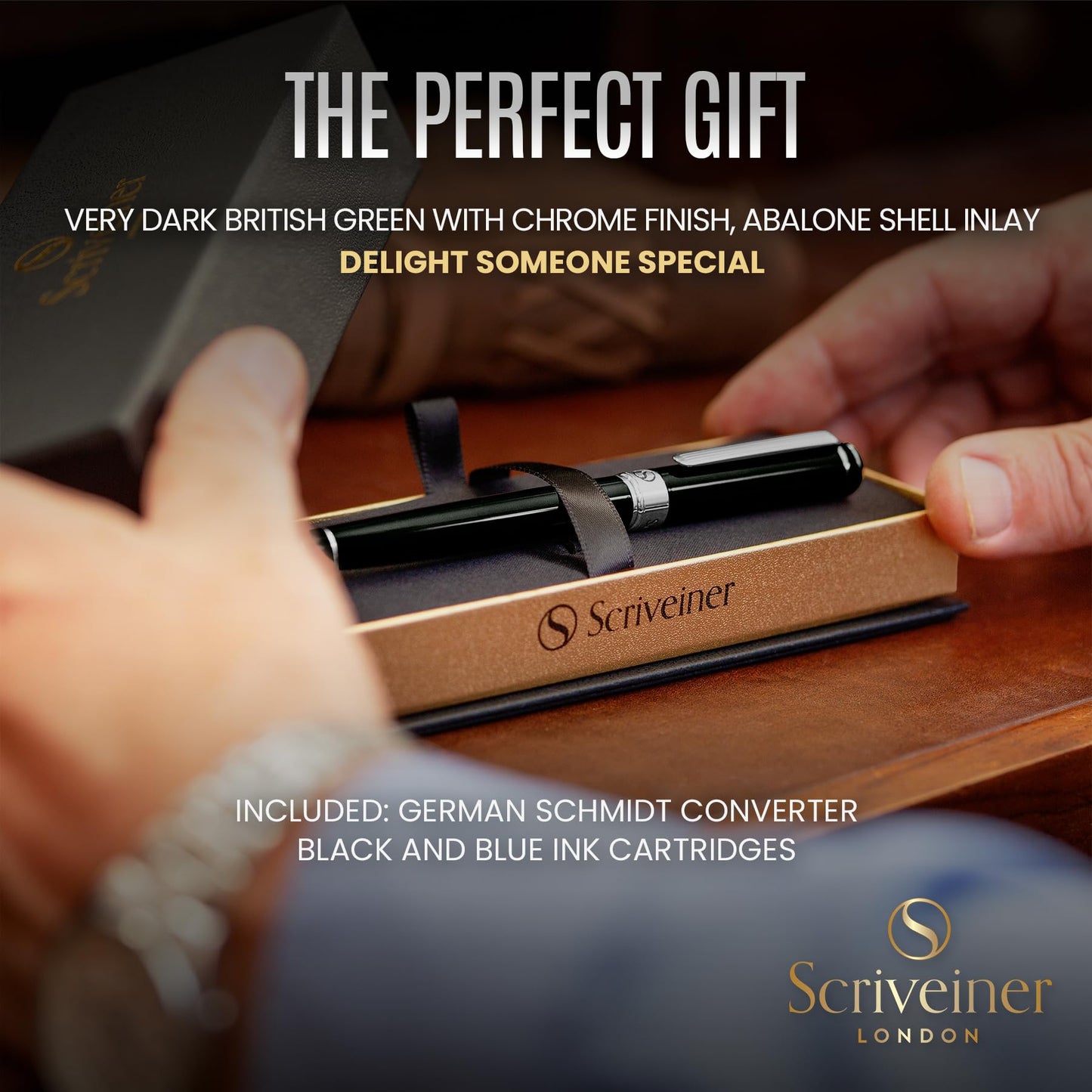 Scriveiner Black Green Fountain Pen - Stunning Luxury Pen with Chrome Finish, Schmidt Nib (Fine)