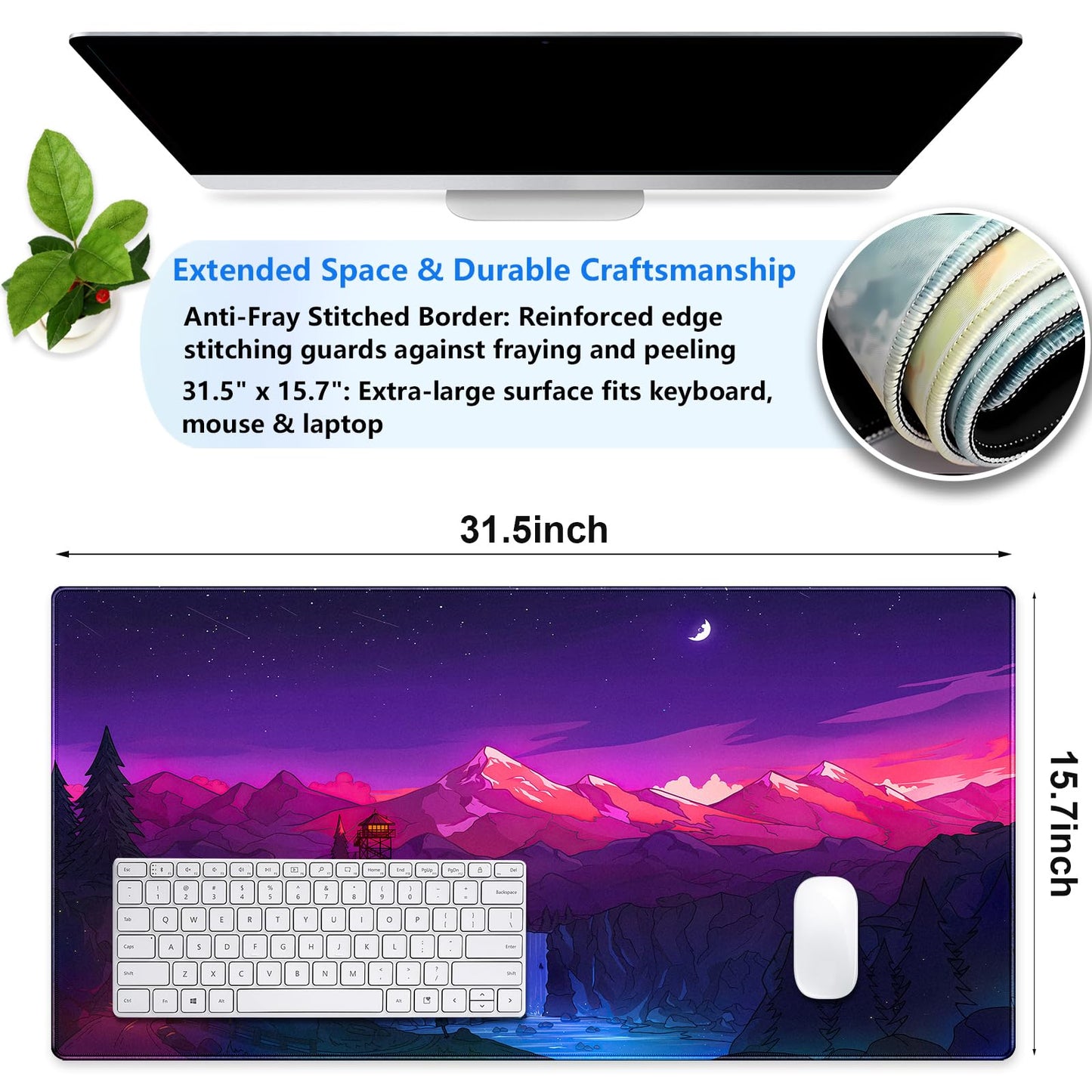 Purple Mountain Desk Mat, Night Sky Large Gaming Mouse Pad 31.5x15.7 in