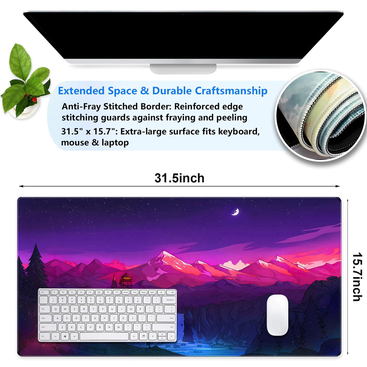 Purple Mountain Desk Mat, Night Sky Large Gaming Mouse Pad 31.5x15.7 in