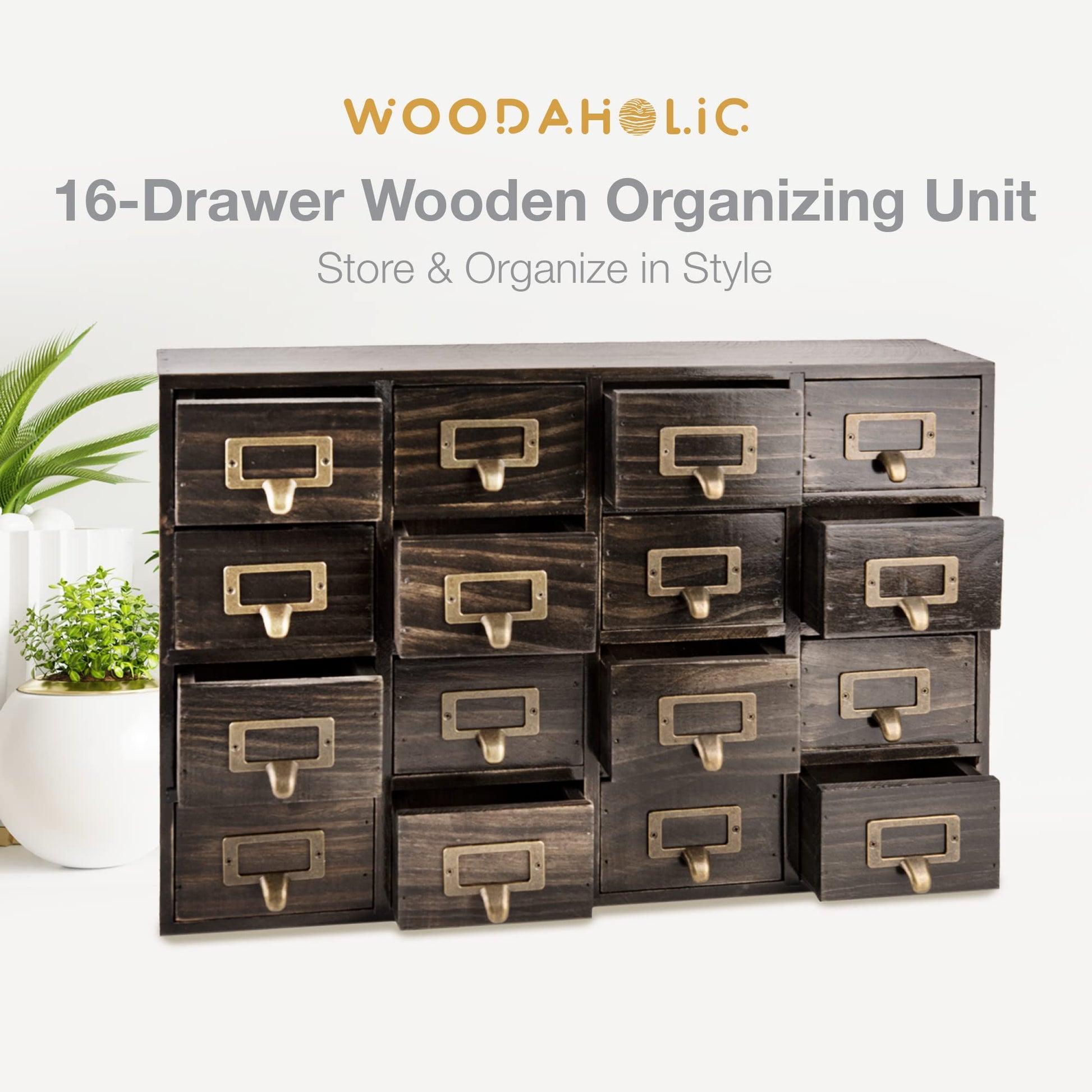 Dark Ash 16-Drawer Card Catalog Artisan Drawer Chest - 20"x3.6"x14" - Desktop Apothecary Crafted in