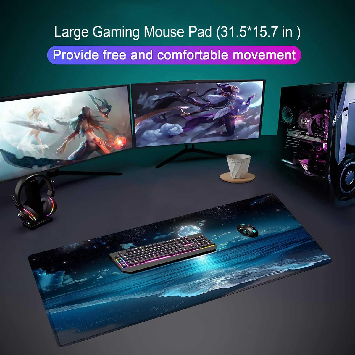 Moon Illuminating The Clear Blue Ocean Design Large Mouse pad,Large Extended Gaming Mouse Pad with