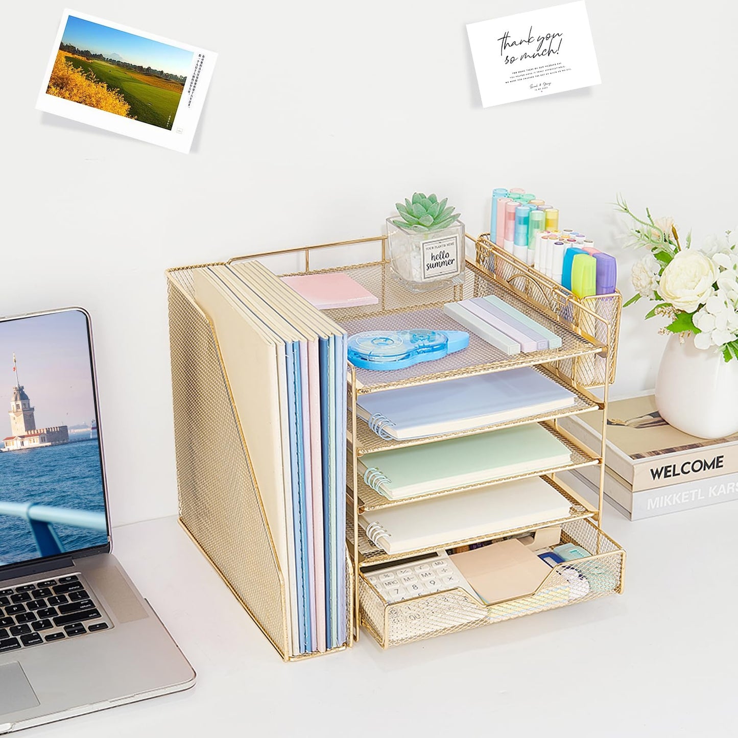 Gugsey 5-Tier Desk File Organizer with Drawer & Pen Holder (Gold)