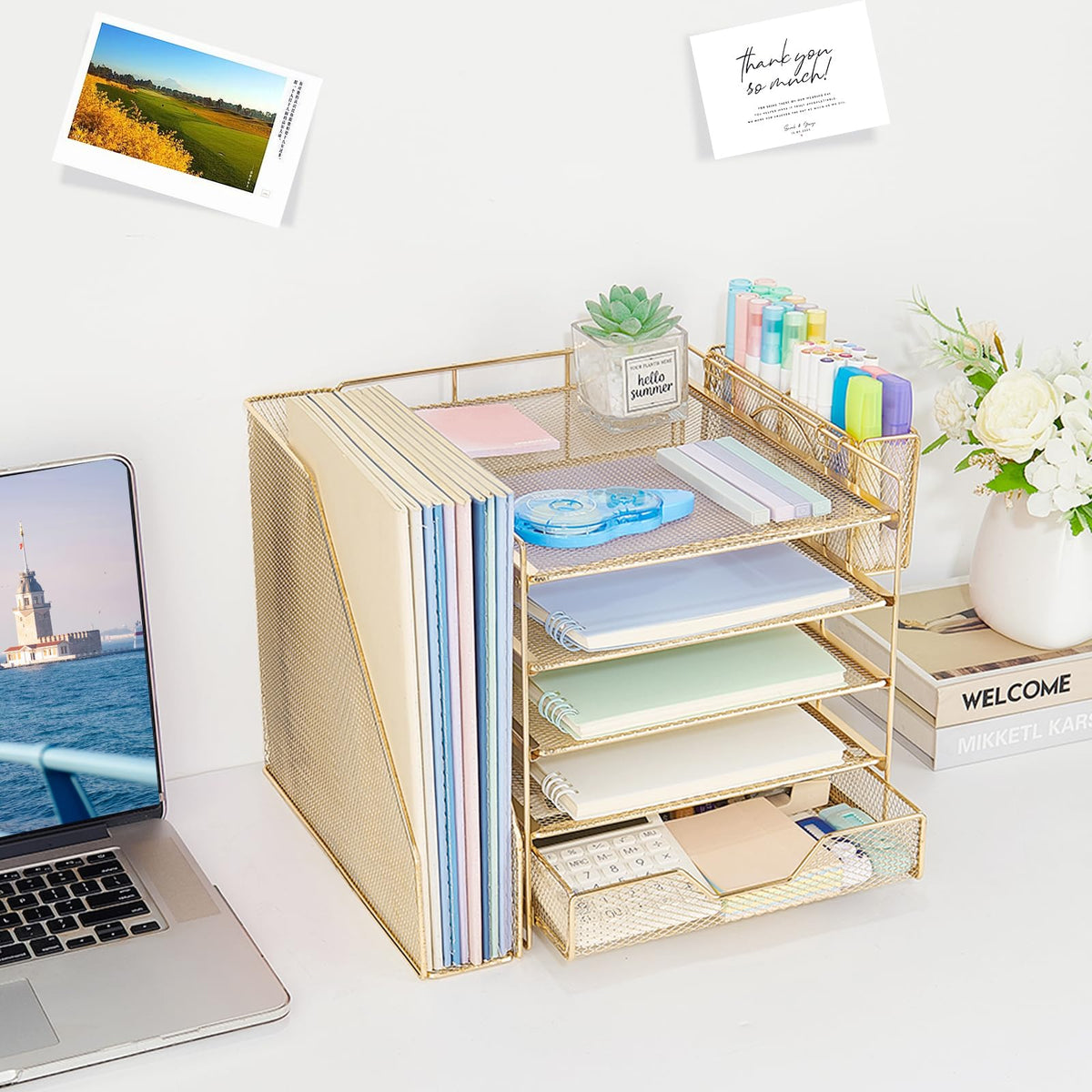Gugsey 5-Tier Desk File Organizer with Drawer & Pen Holder (Gold)