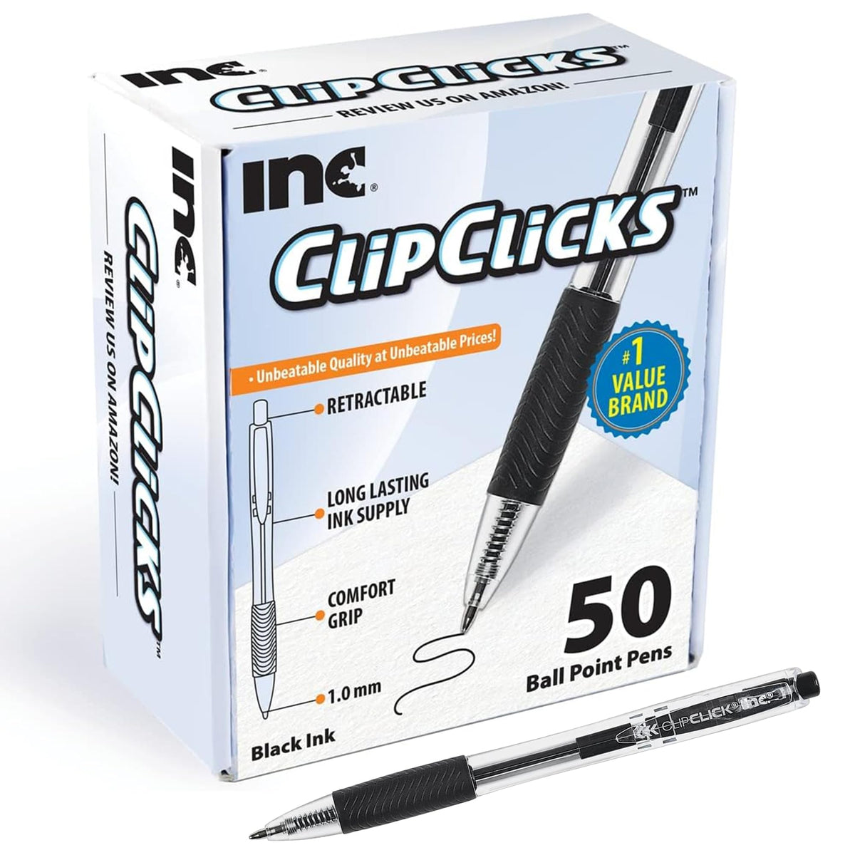 Inc. ClipClicks Retractable Ballpoint Pens - Bulk 1.0-mm Medium-Point Pen Set With Comfort Grip for