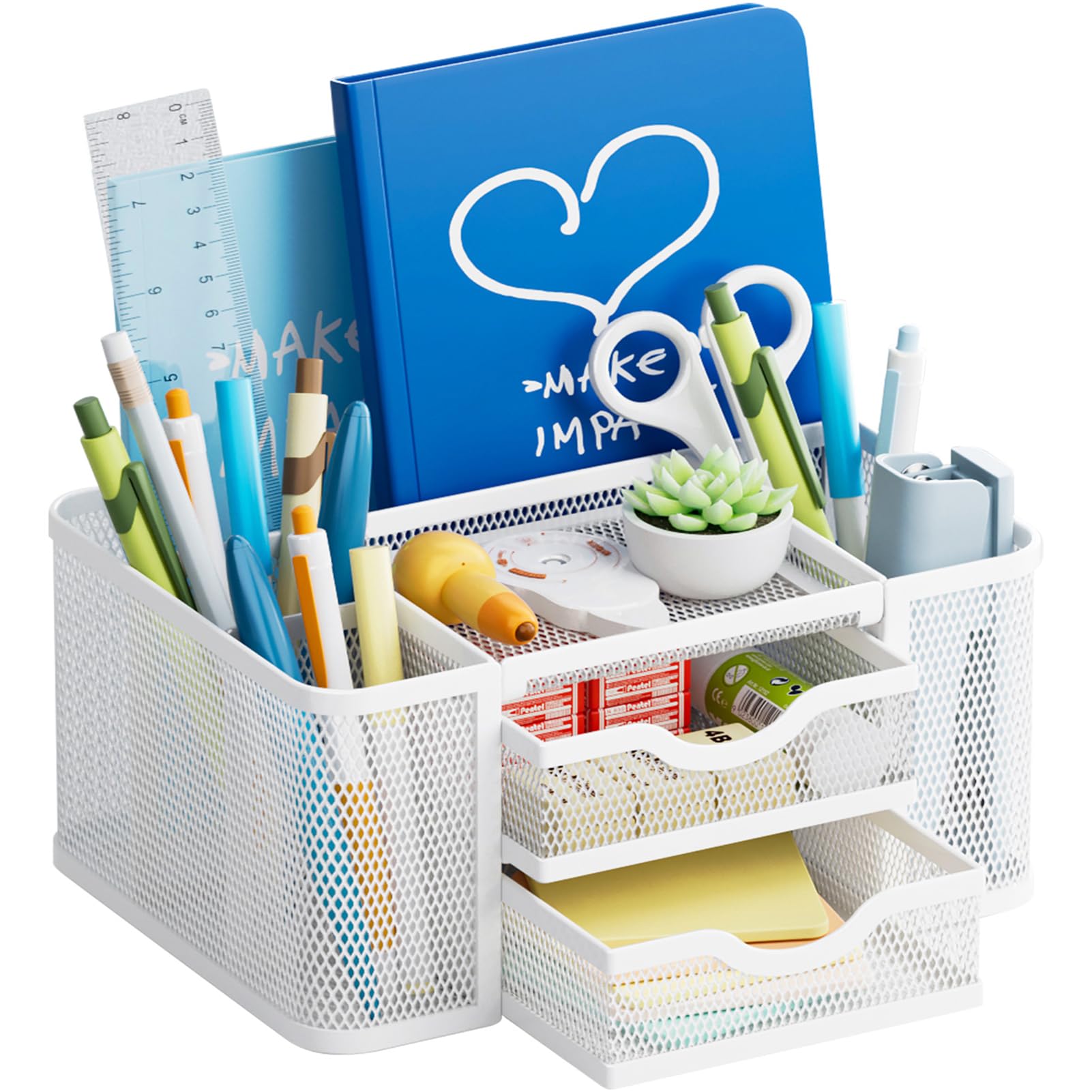 Marbrasse Mesh Desk Organizer, Pen Organizer with 2 Drawer, Multi-Functional Pencil Holder, Desk