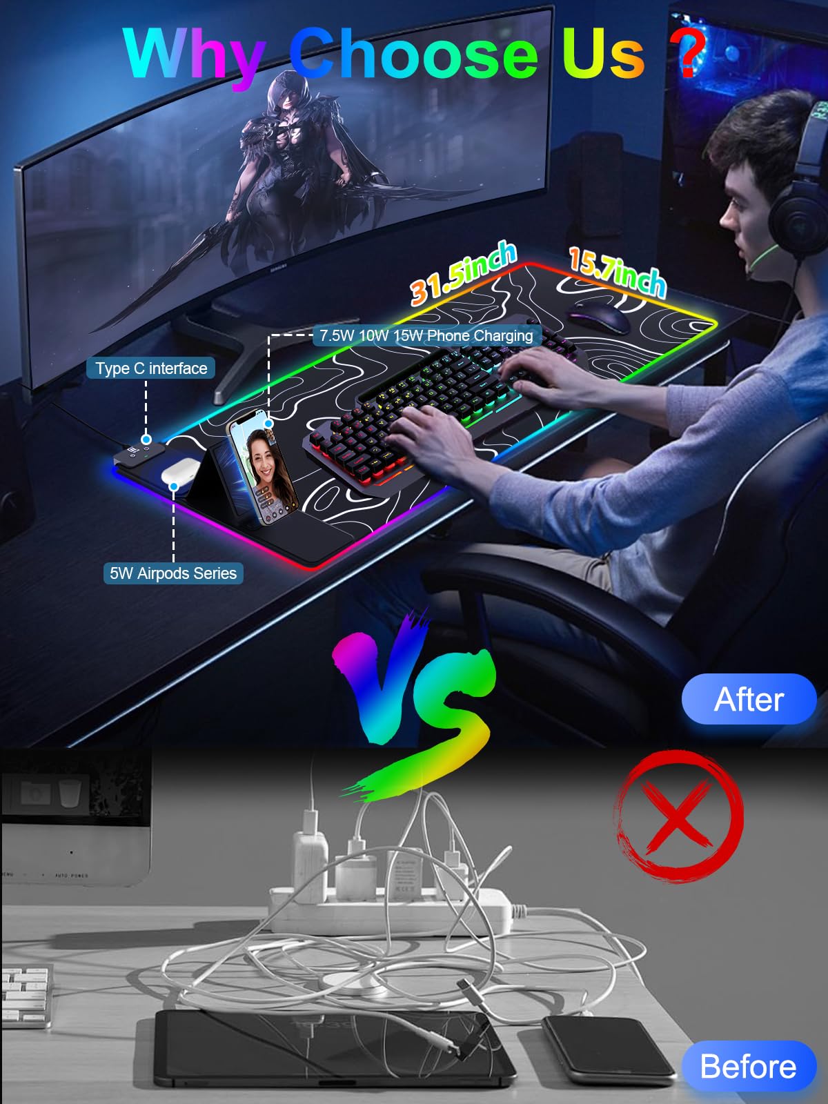 XXL Mouse Pad with Phone Holder - Black, RGB Desk Mat with 15W Fast Charging, LED Gaming Mousepad