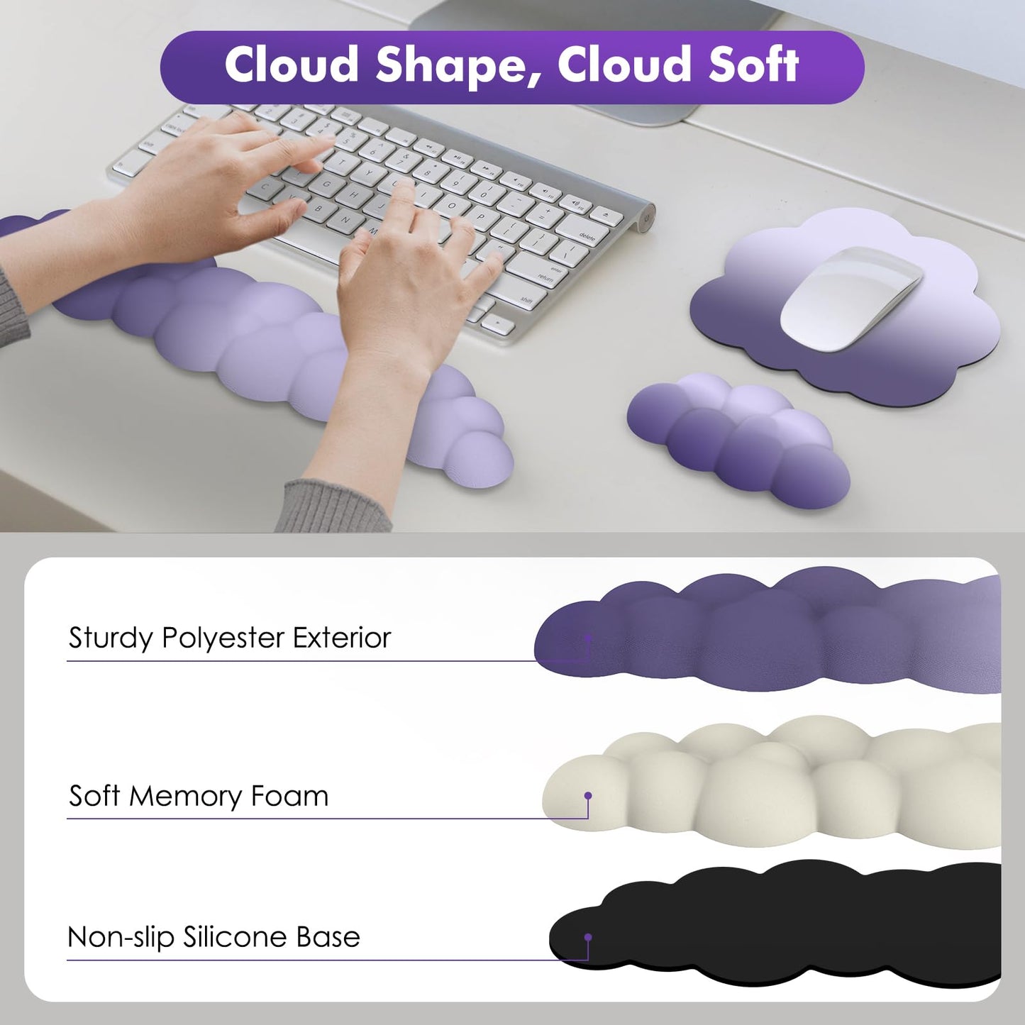 MoKo Cloud Wrist Rest for Keyboard and Mouse with Mouse Pad, Purple