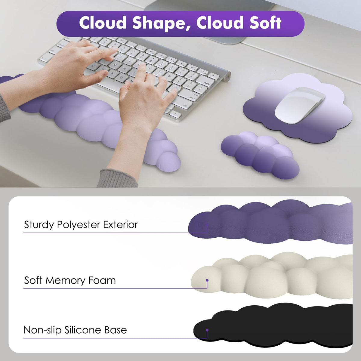 MoKo Cloud Wrist Rest for Keyboard and Mouse with Mouse Pad, Purple