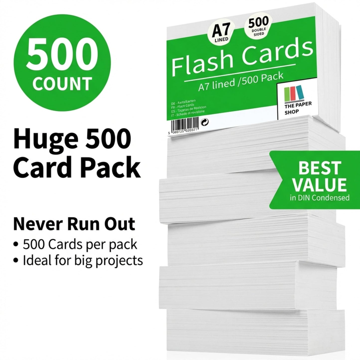 The Paper Shop 3x5 Index Cards - White Ruled Flash Cards - A7 (500 Pack) | Index Cards 3x5 Lined