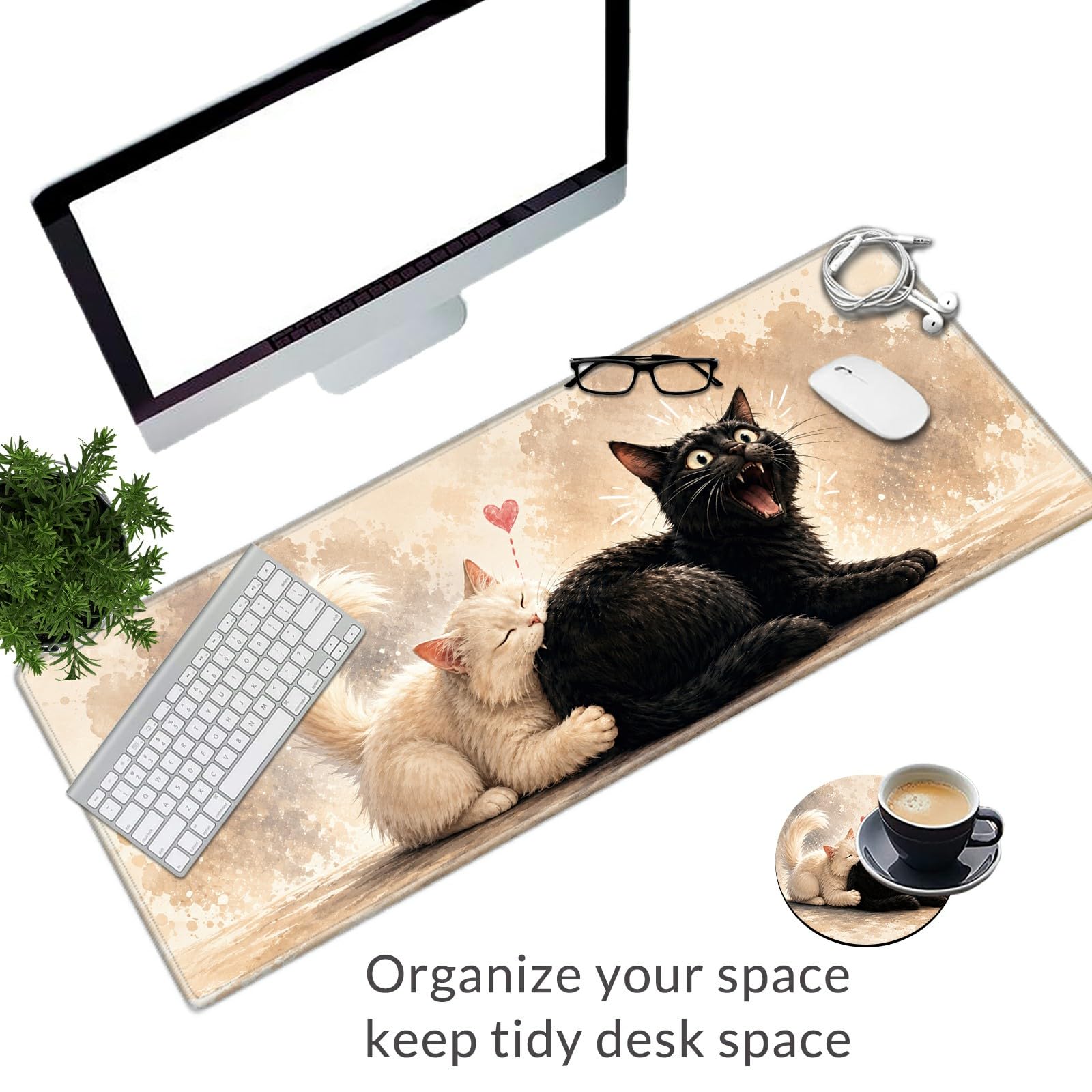Mischievous Cat Pair Large Mouse Pad, 31.5 x 11.8 in Extended Desk Mat