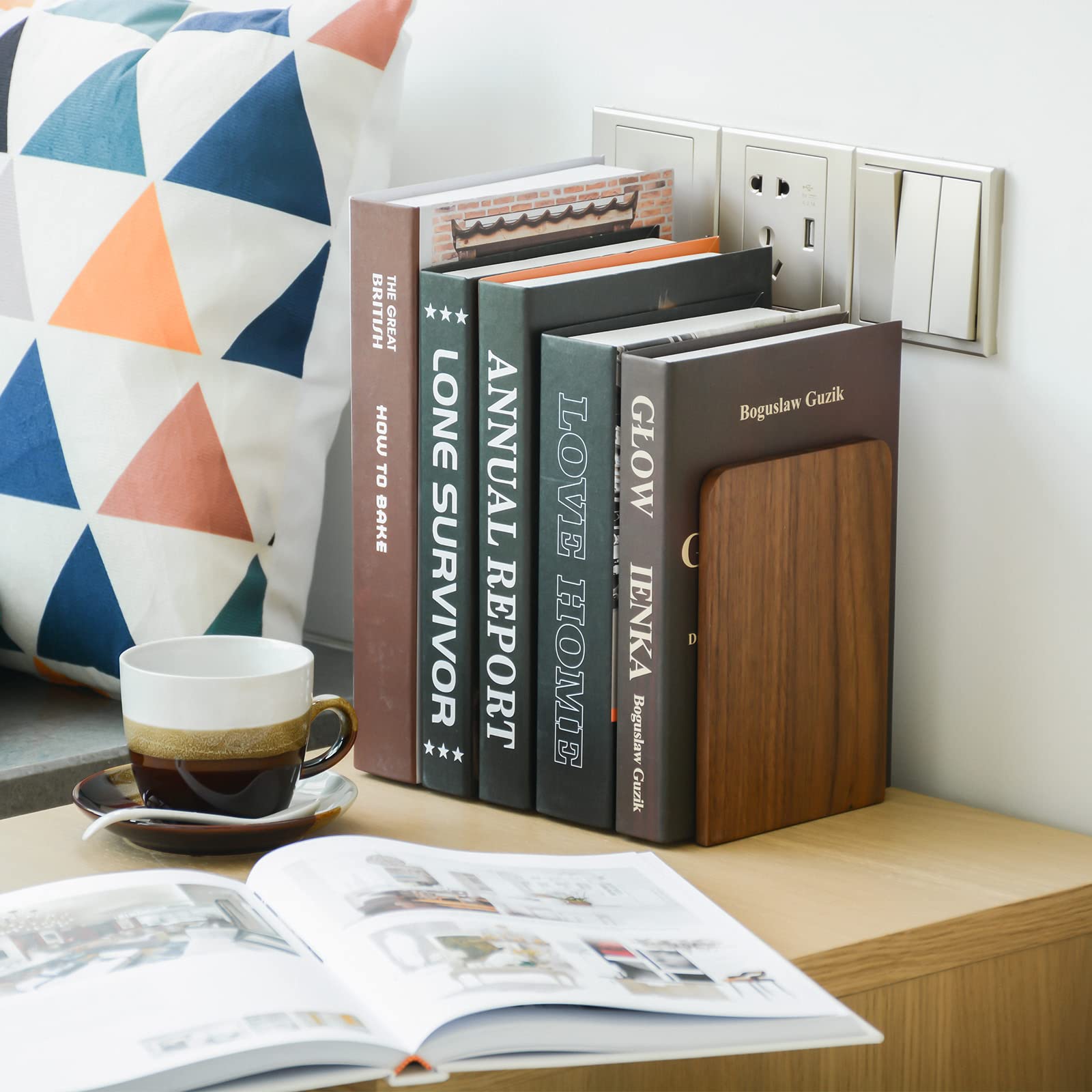 Large Bookend Hold Heavy Books-7x4x5in 3 Pack Non-Skid Wood Bookends Walnut