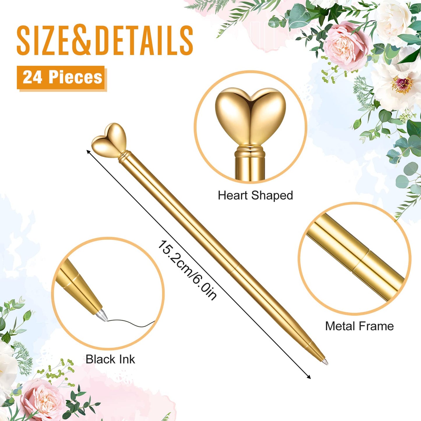 Thenshop Gold 24 Pcs Heart Shaped Pens Retractable Metal Cute Pens 1.0 mm Black Ink Ballpoint