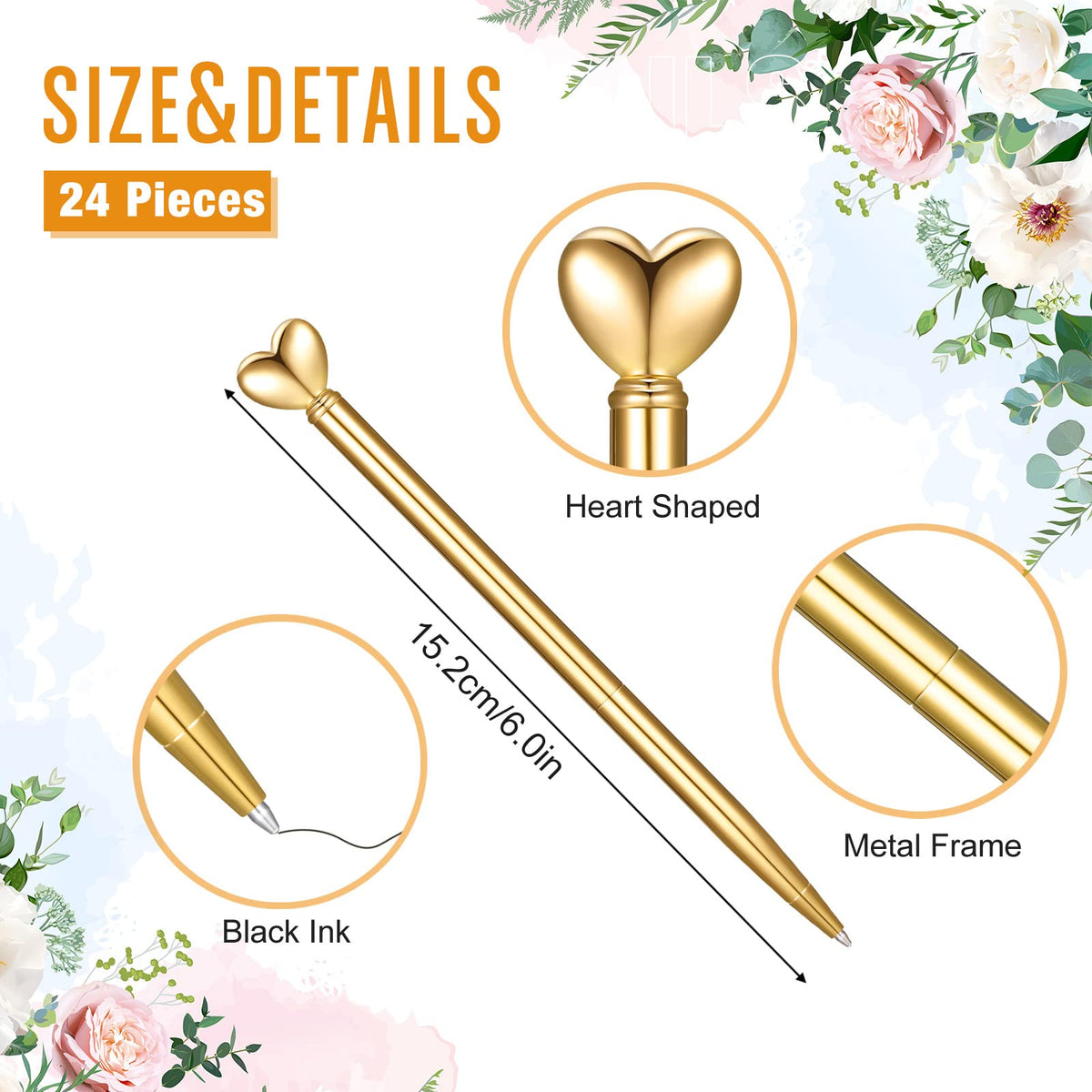 Thenshop Gold 24 Pcs Heart Shaped Pens Retractable Metal Cute Pens 1.0 mm Black Ink Ballpoint