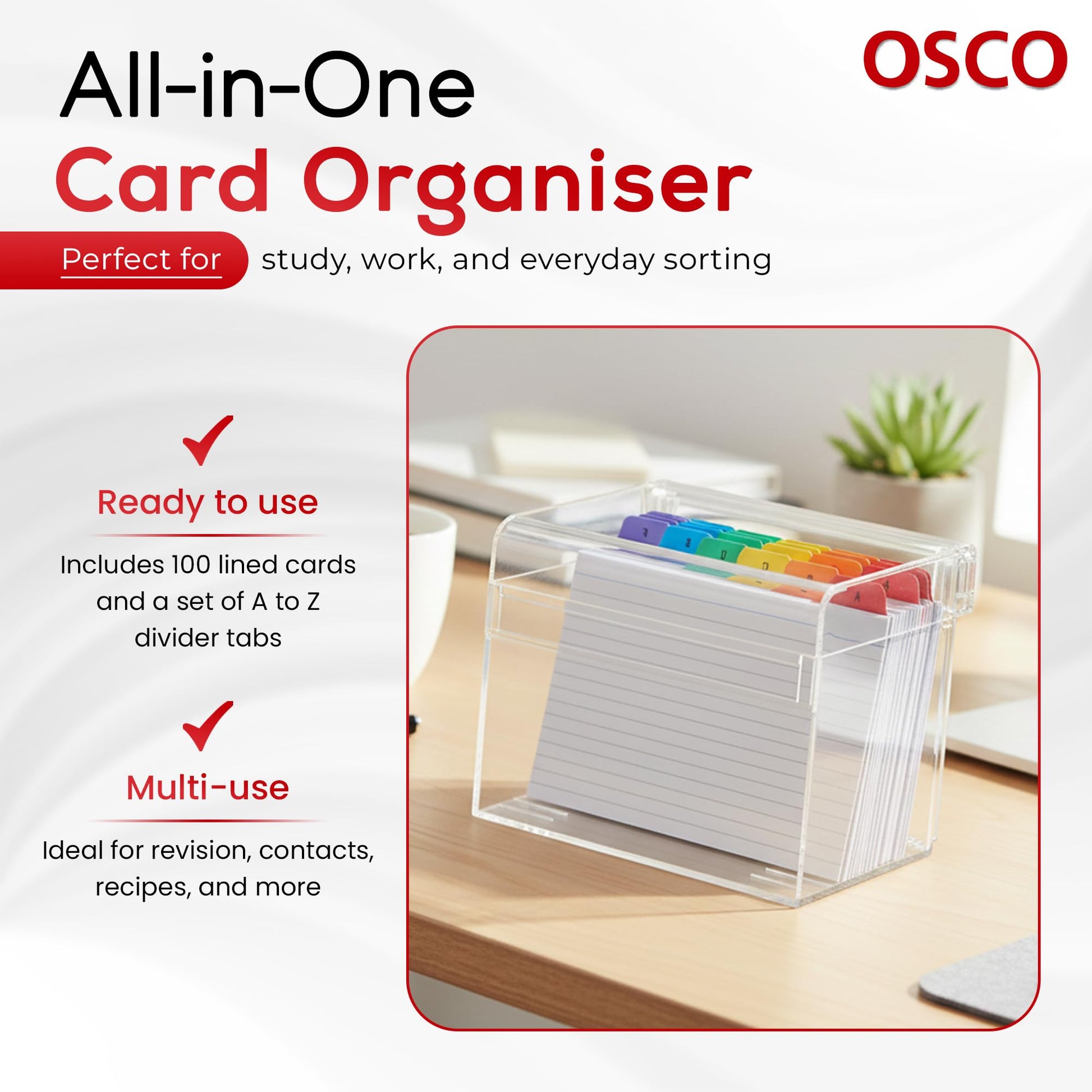 OSCO Clear Acrylic Index Box, Large, A to Z Divider Tabs, 100 Lined Note Cards, 7" x 5", Ruled