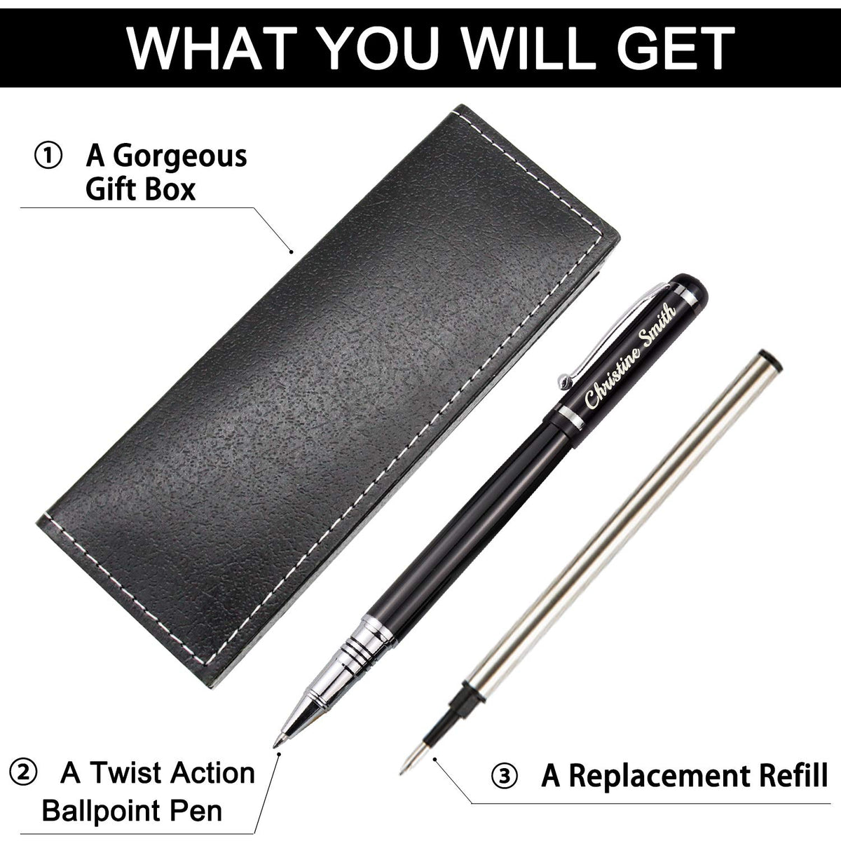 Amlion Personalized Pens Custom Engraved Pen with Name, Refillable Medium Refill, Personalized