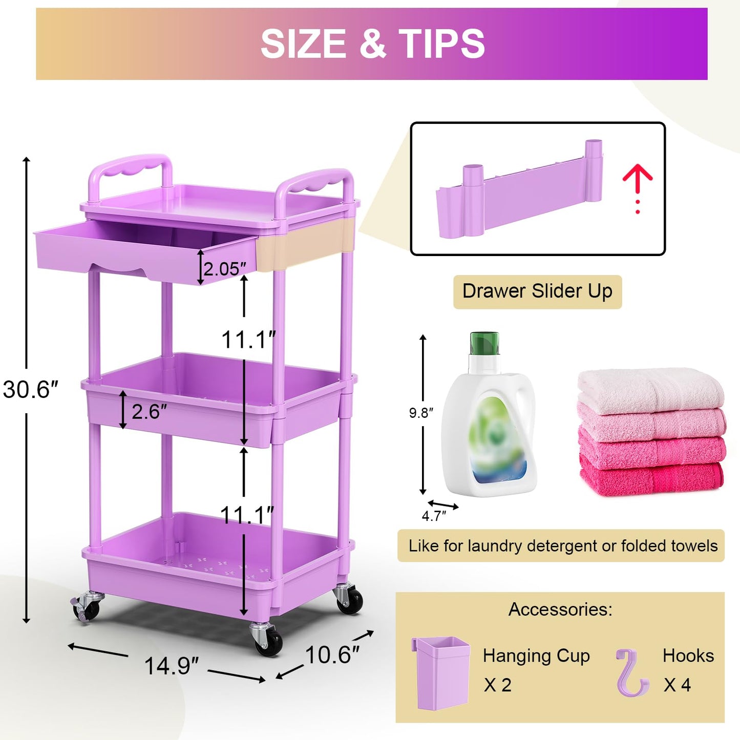 Goovilla 3 Tier Rolling Utility Cart Organizer with Removable Drawer,Purple