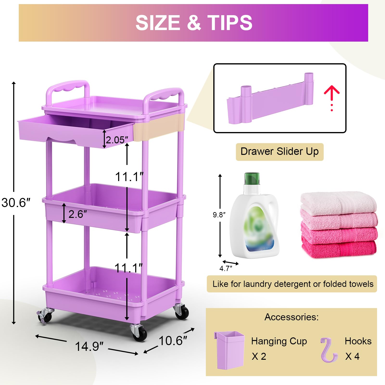 Goovilla 3 Tier Rolling Utility Cart Organizer with Removable Drawer,Purple