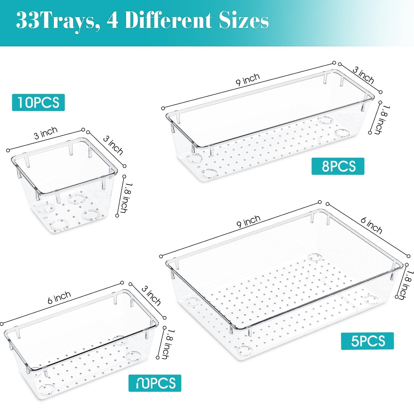 33 PCS Plastic Drawer Organizers Set, 4 Size Desk Drawer Organizer Trays