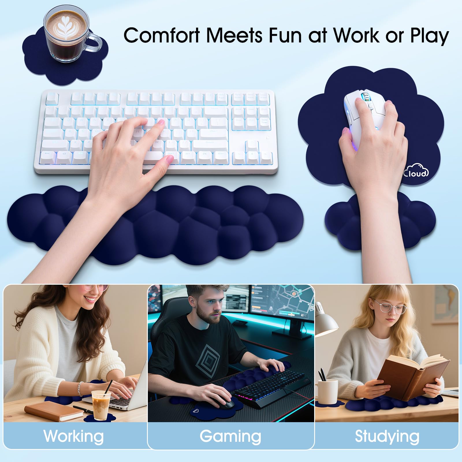 Retuhapy Cloud Wrist Rest Keyboard Cushion and Cloud Mouse Pad, Dark Blue