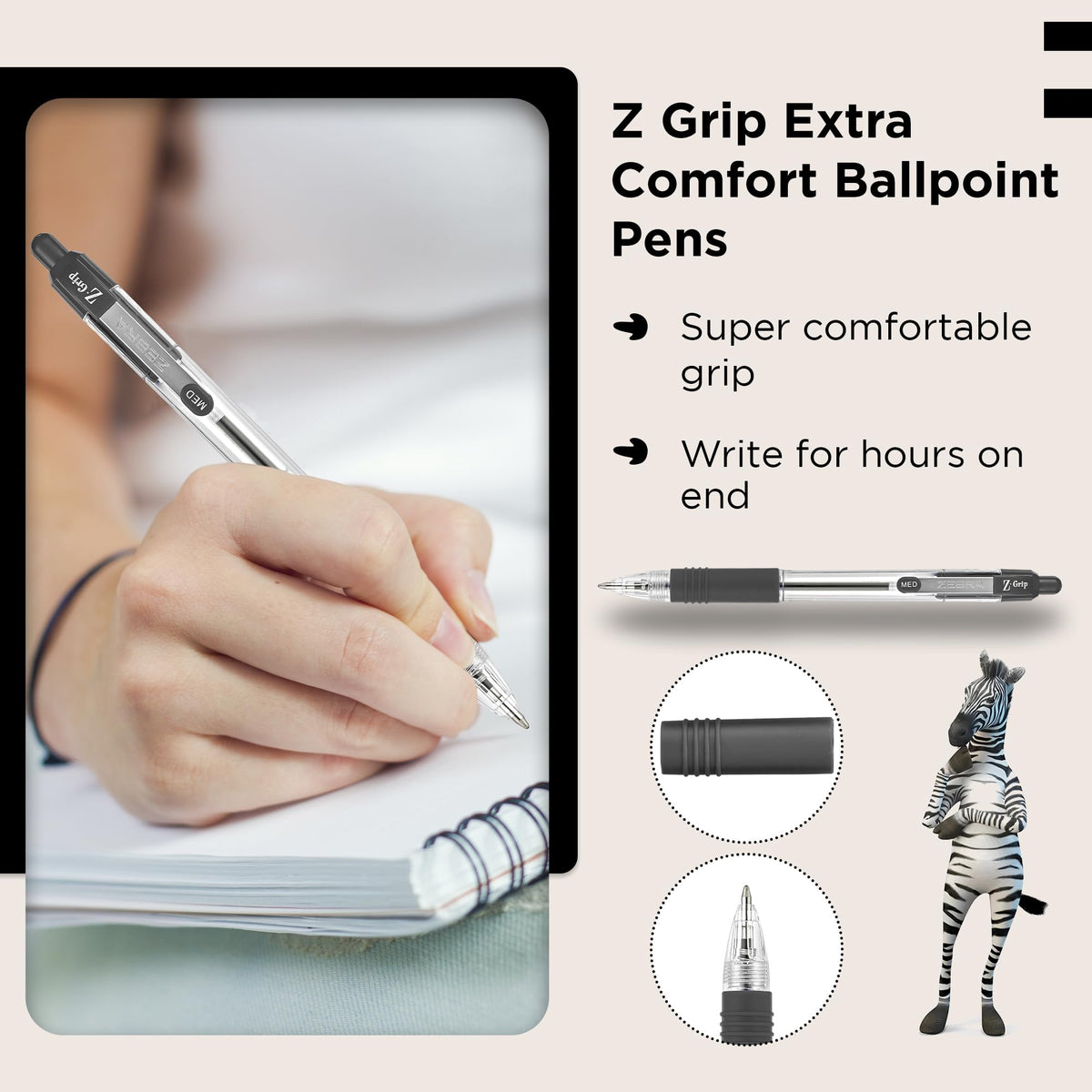 ZEBRA Z GRIP Black Ballpoint Pens, Retractable with smooth ink, comfortable grip and pocket clip