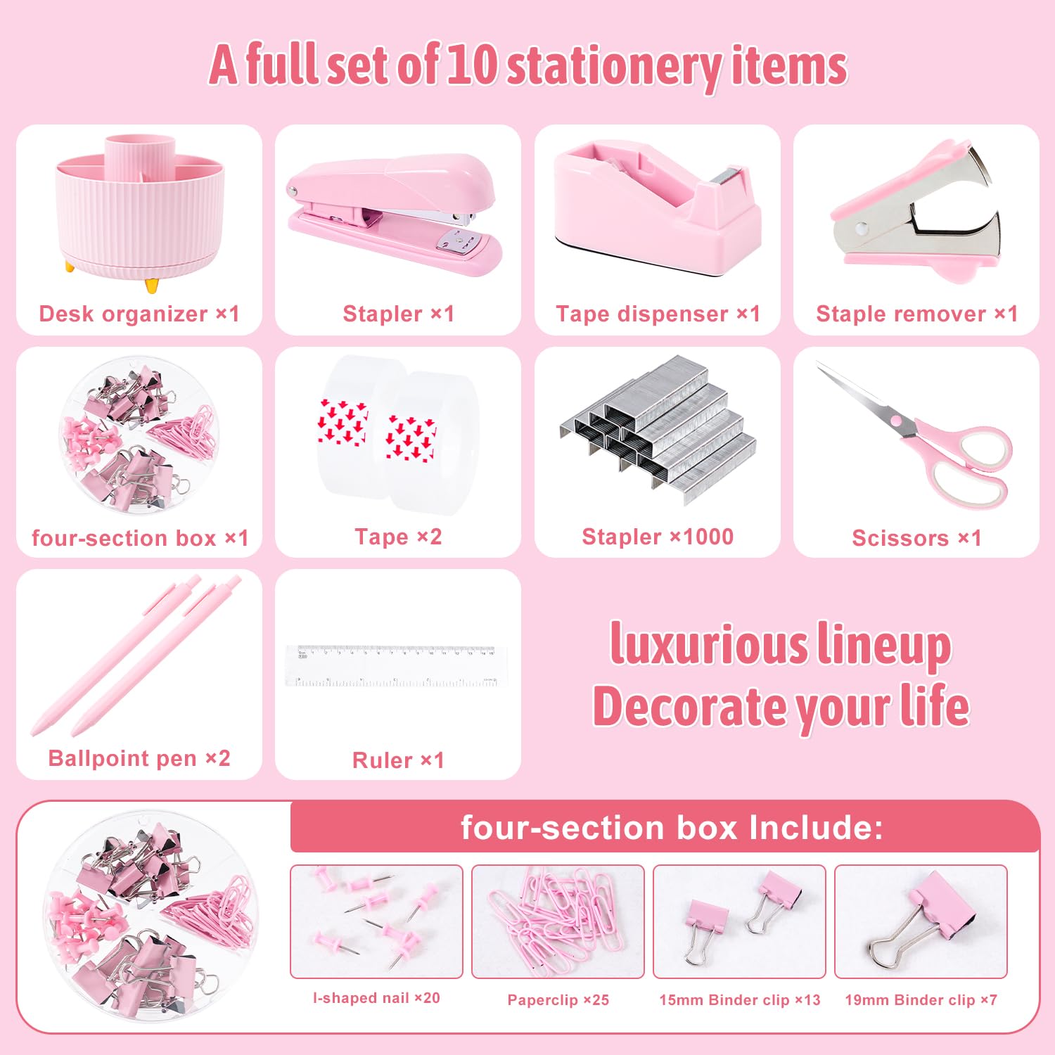 Gawsey Pink Desk Organizers and Accessories with Desk Organizer 360° Rotating Pen Holder and Office