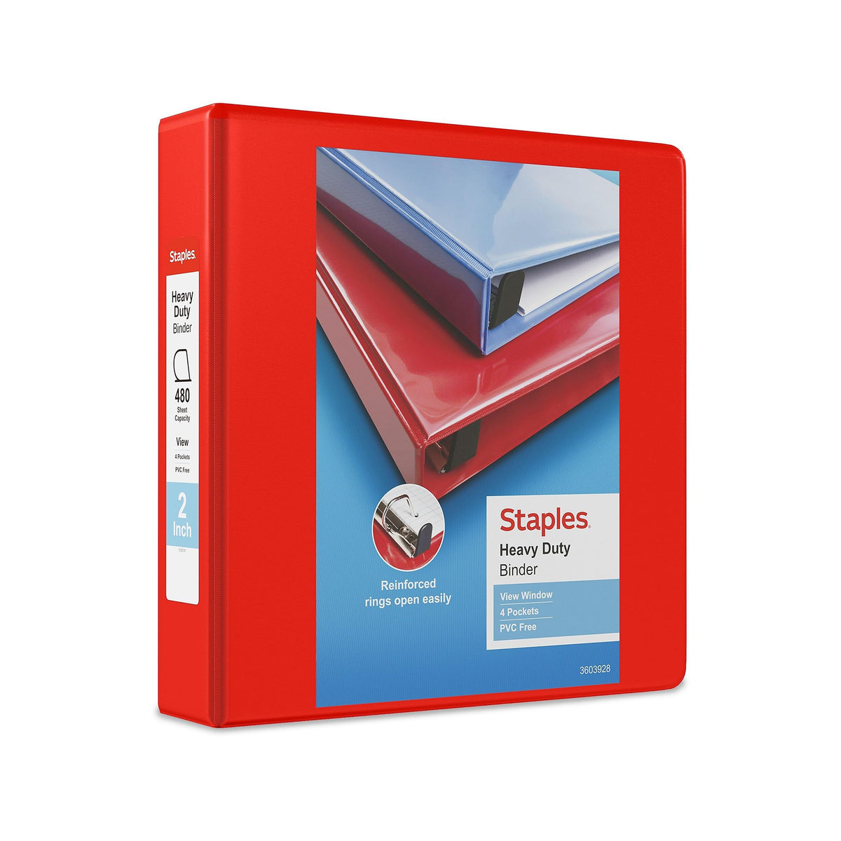 Staples Heavy-Duty 2-Inch 3-Ring View Binders, Red, D-Ring, 3-Pack