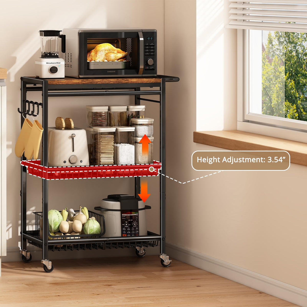 Microwave Kitchen Rolling Cart, 35.43" H Microwave Table Stand with Lockable Wheels, Utility Cart