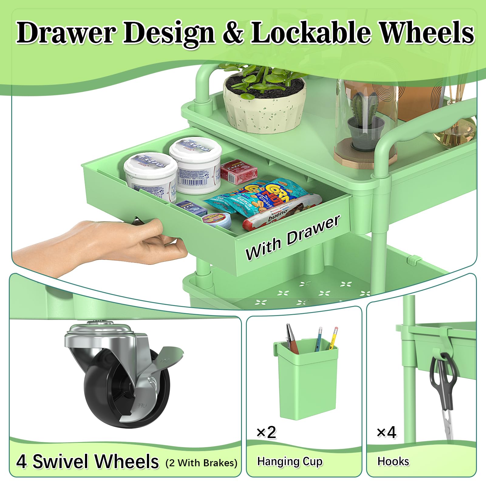 SUNALLY 4 Tier Rolling Cart with Drawer, Craft Storage Cart Organizer,Green
