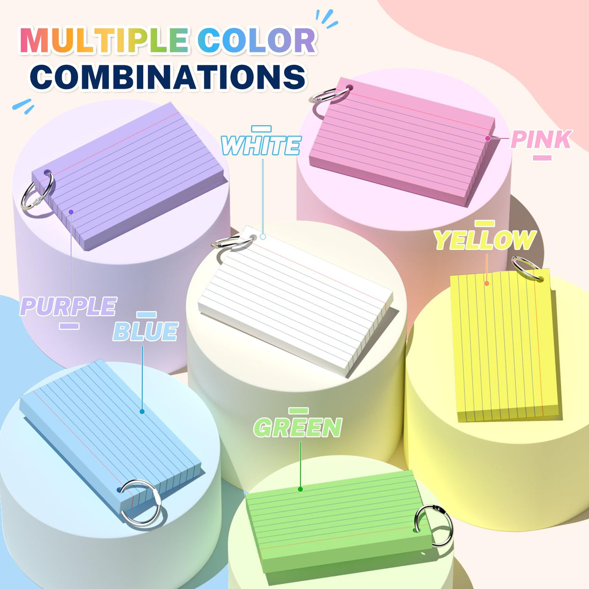 600 Pcs Index Cards 3x5, Colored Index Cards With Ring 6 Colors Flashcards