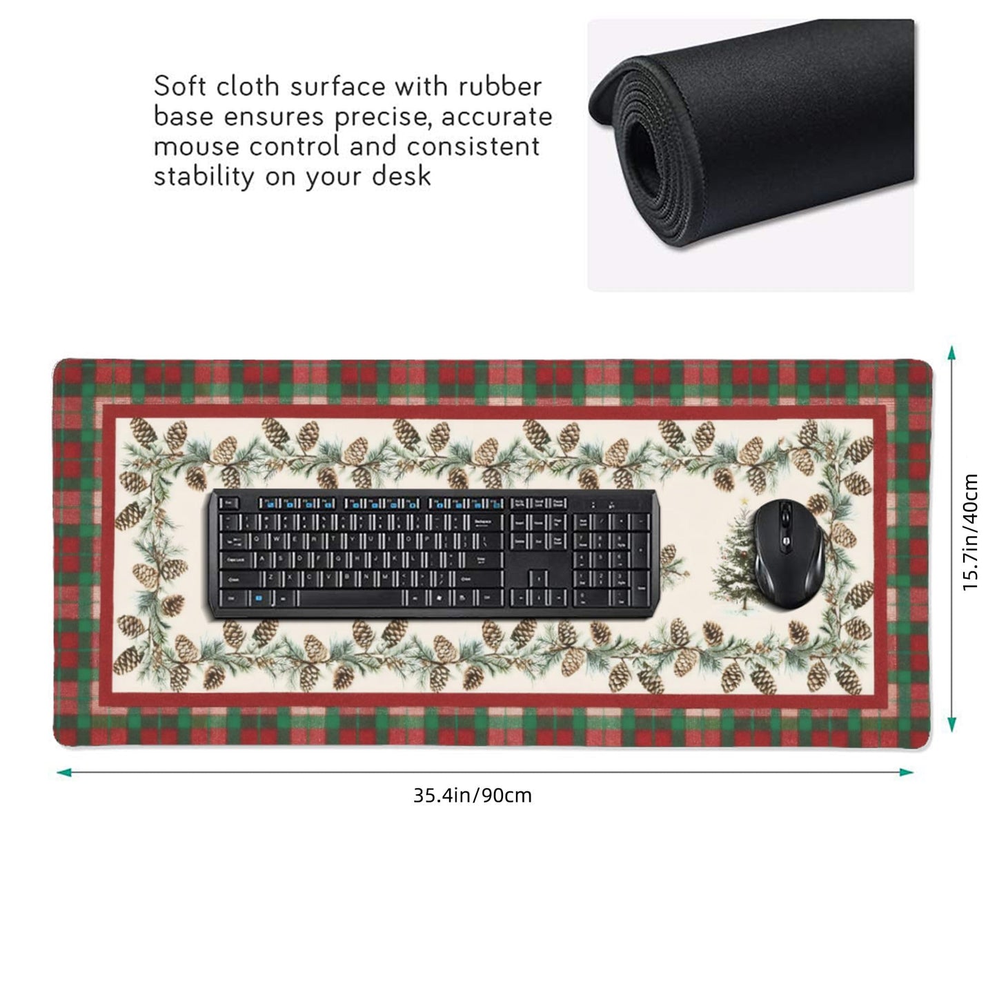 Christmas Tree Plaid XXL Desk Mat - Large Mouse Pad with Anti-Slip Base & Stitched Edges for Women
