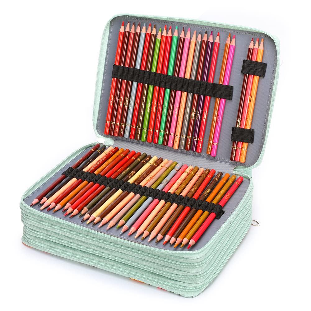 Vomgomfom 200 Slots Pencil Case 4-Layer PU Leather, Handle, Green