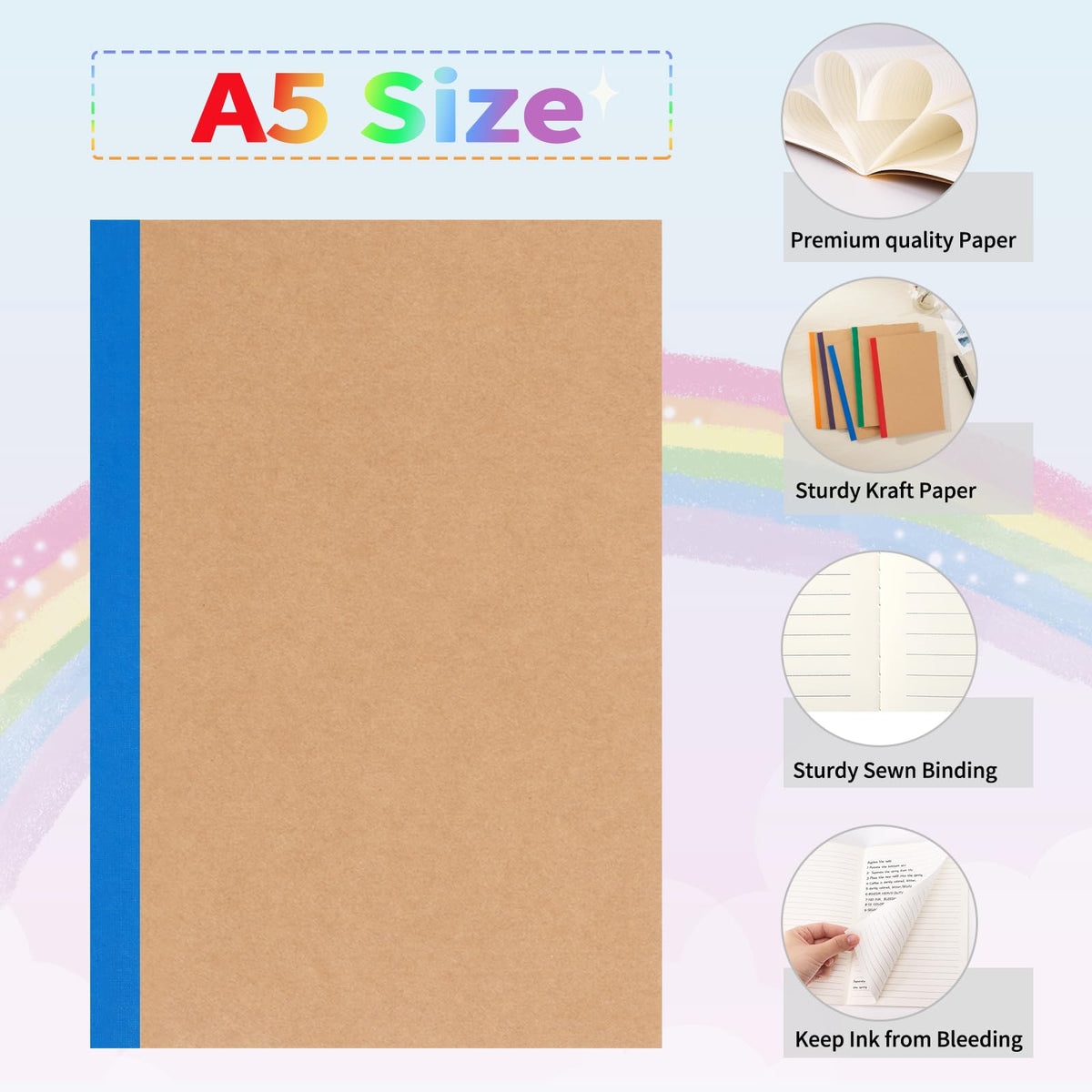 EOOUT 5 Pack A5 Composition Notebook, Kraft Lined Journal Bulk with Rainbow Spine, 5 Colors, 60