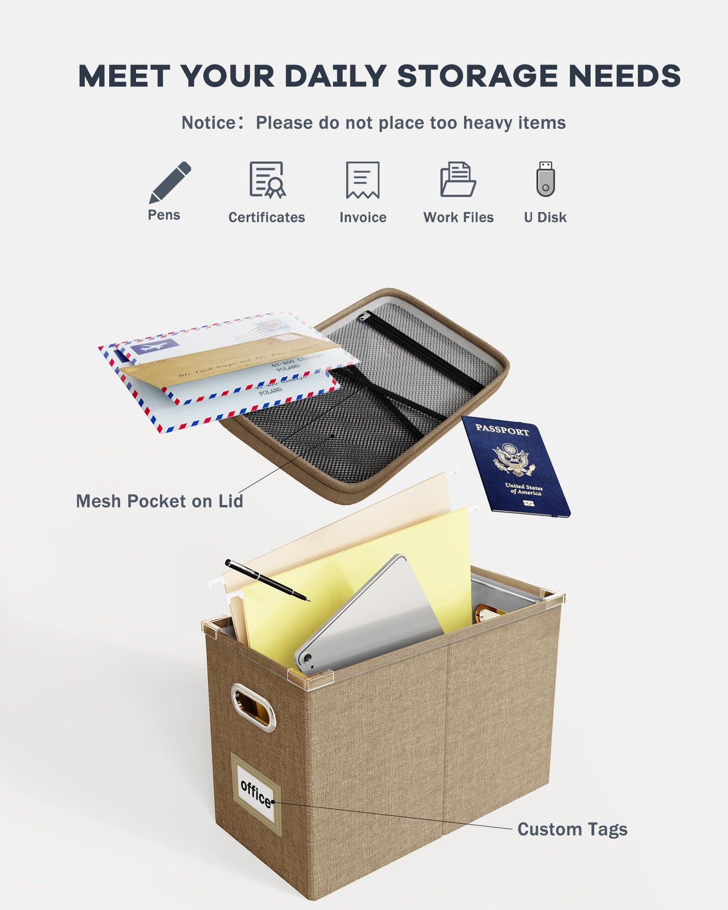 Oterri File Organizer Box with Lid, Hanging Filing File Box with Mesh Pocket, Document Organizer
