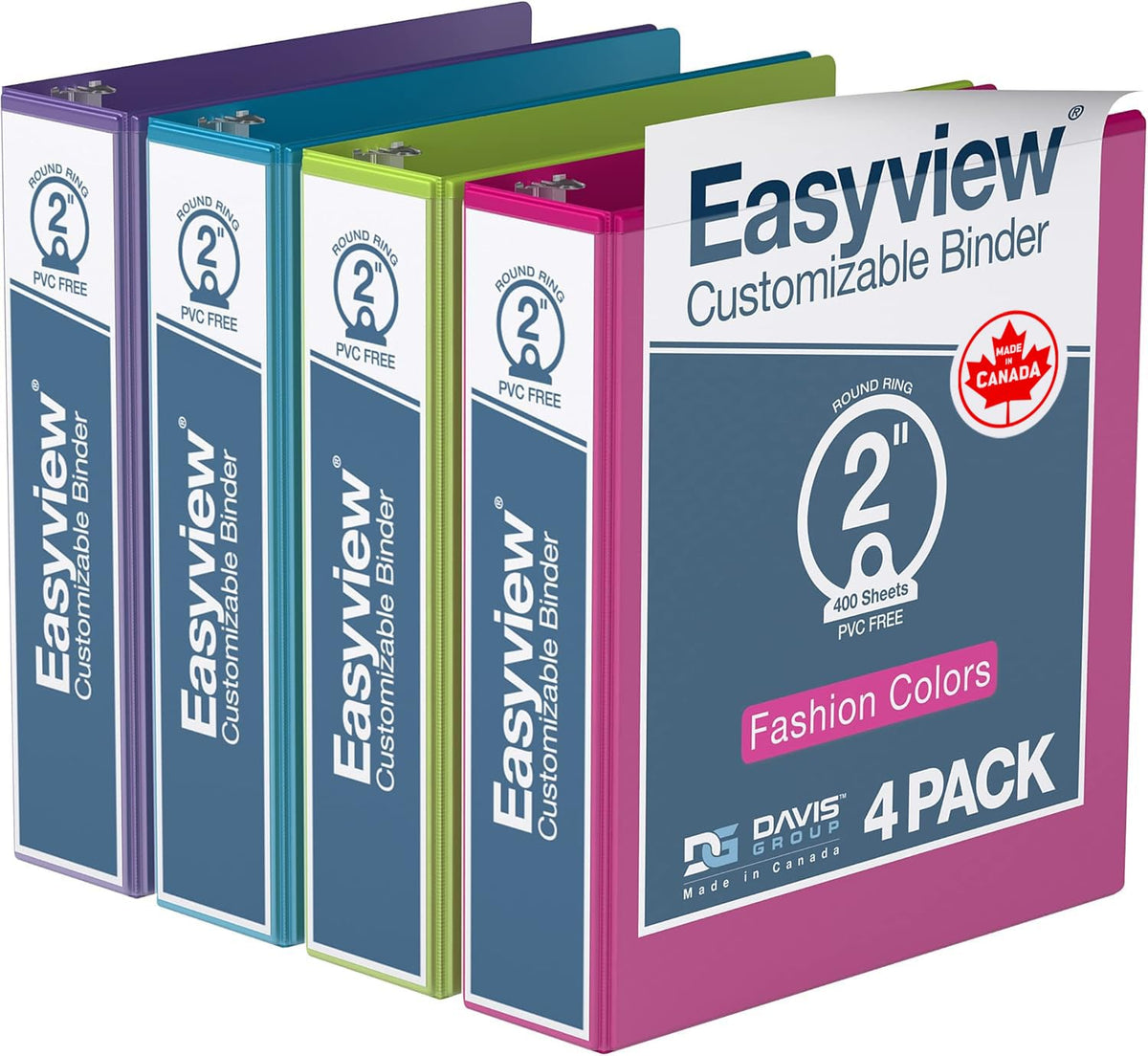 Easyview 3-Ring Binder, 2" Round Rings, Fashion Colors, 4 Pack