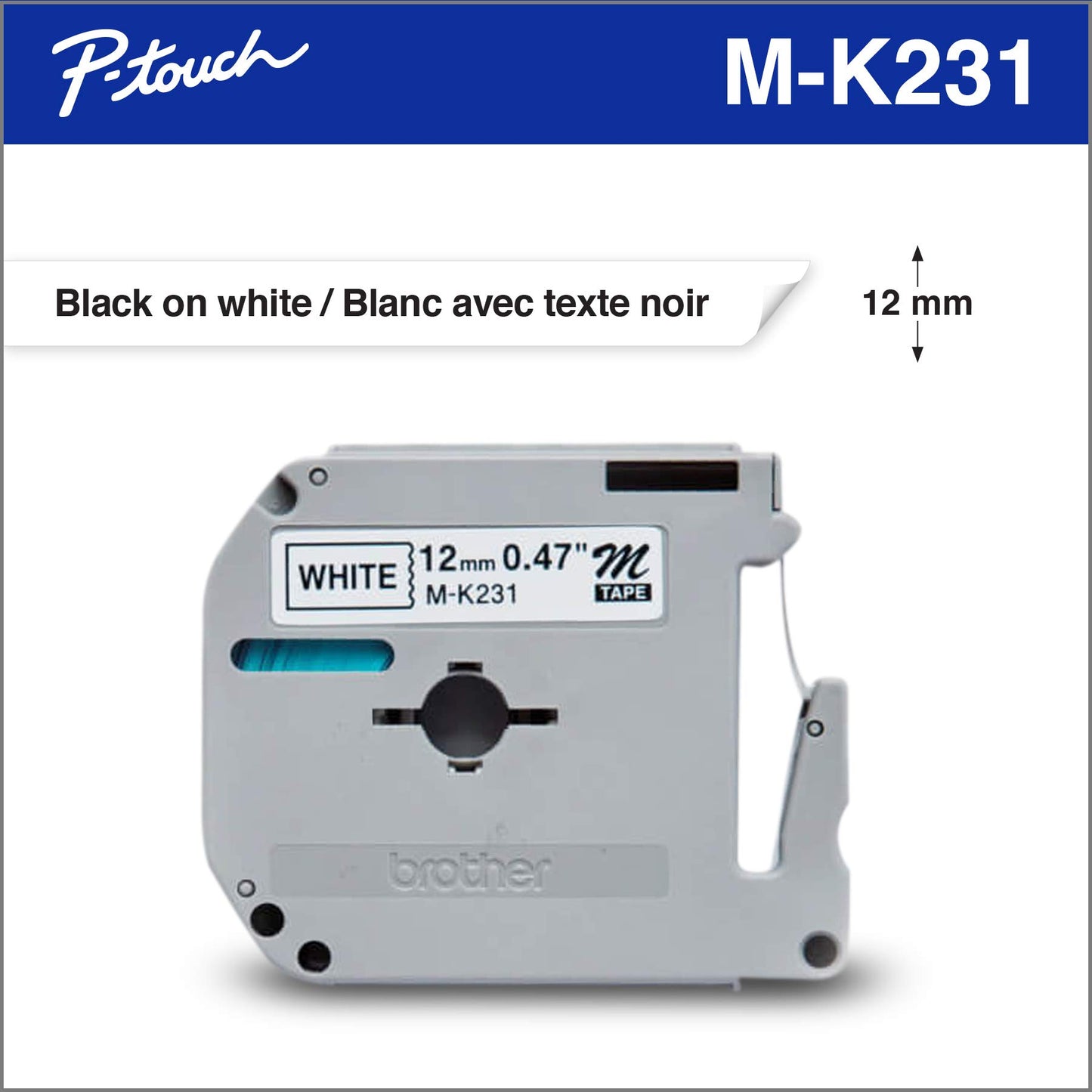 Brother Metallic Tape, 1.2 cm, Black, White, 8000 Labels, Compatible with M-K231, PT100, PT110
