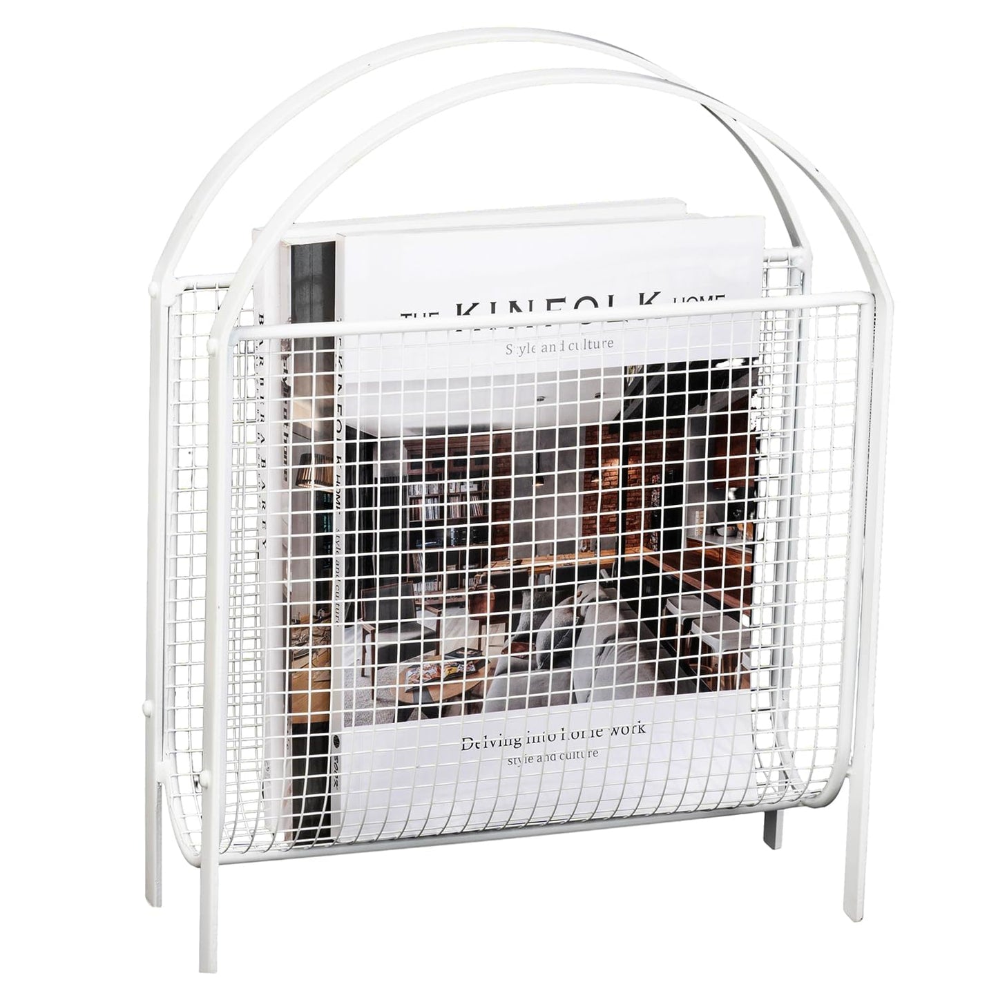 MyGift White Metal Mesh Magazine Rack, Mid Century Freestanding Holder