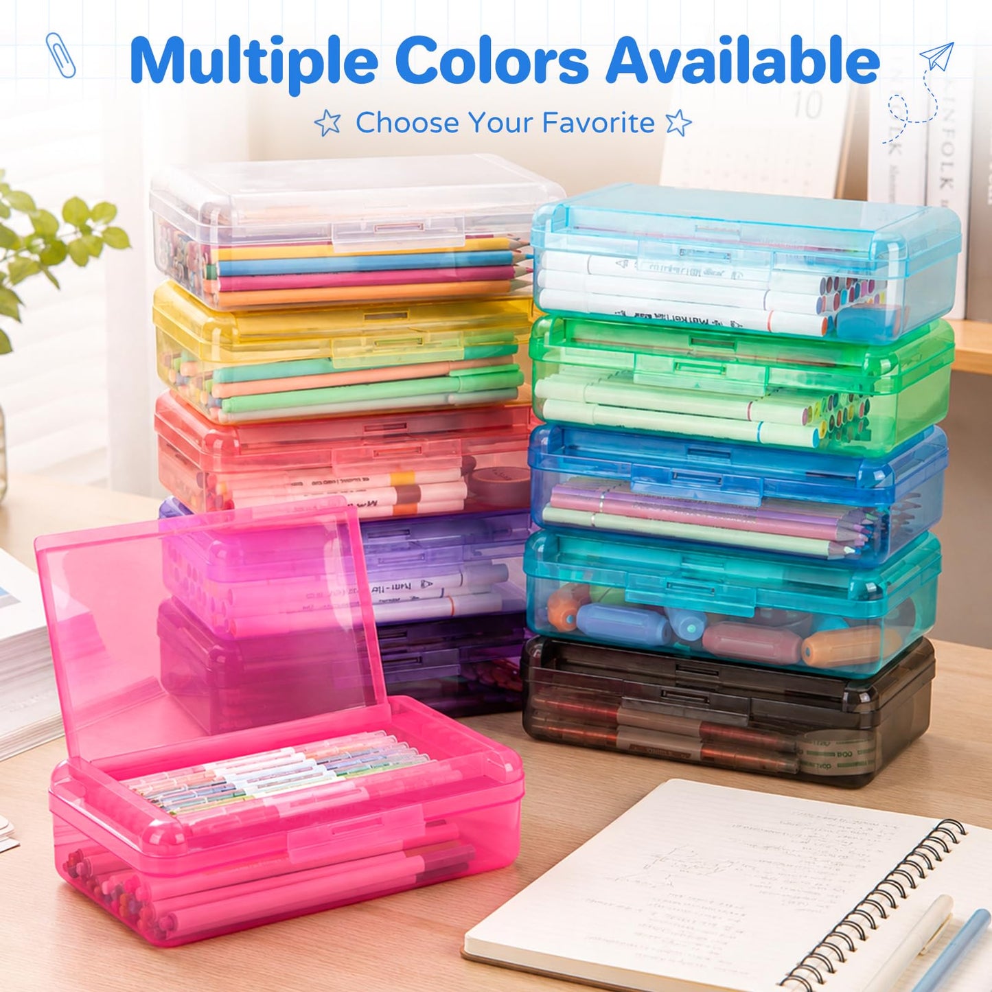 6 Pack Double Layer Plastic Hard Clear Color Pencil box Case for Girl Boy