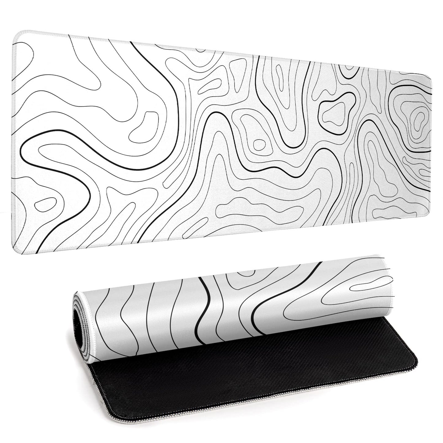 White Big Mousepad for Gaming Large Topographic Map Washable Desk Pad with Stitched Edge Office