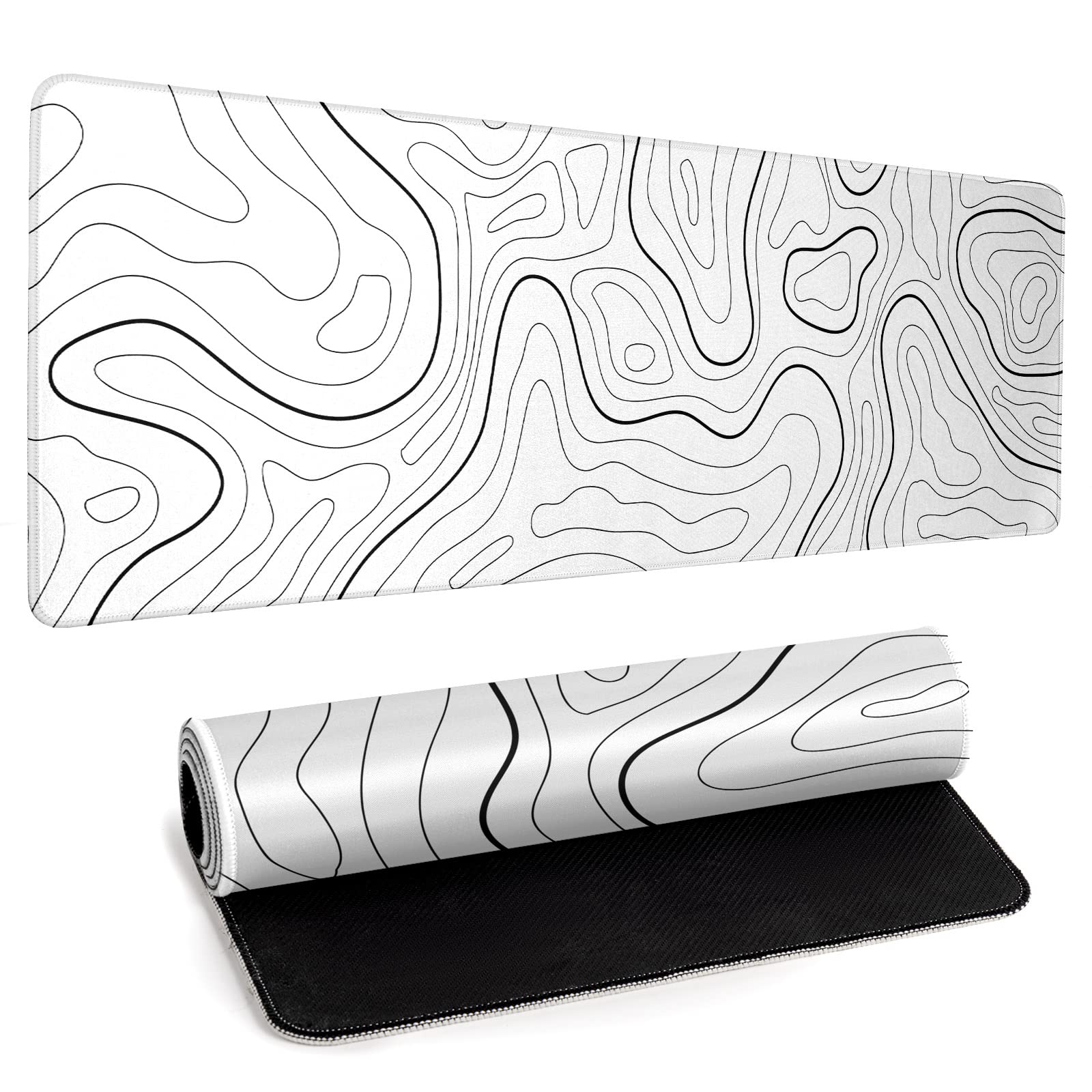 White Big Mousepad for Gaming Large Topographic Map Washable Desk Pad with Stitched Edge Office