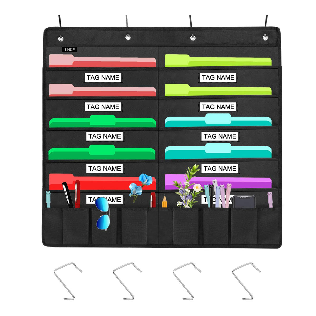Sinzip Heavy Duty 10 Pocket Door Hanging File Organizer with Name Tag Holders, Black Wall Storage