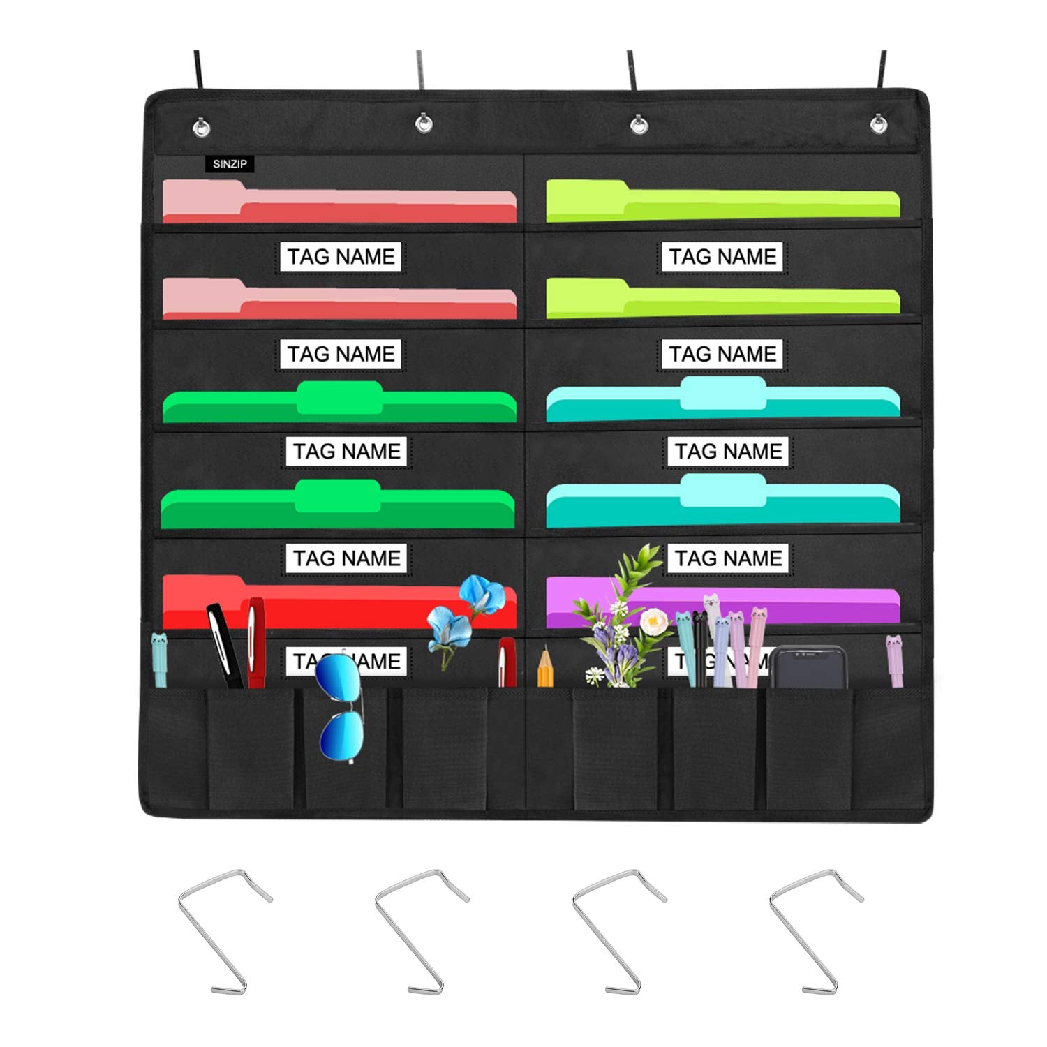 Sinzip Heavy Duty 10 Pocket Door Hanging File Organizer with Name Tag Holders, Black Wall Storage