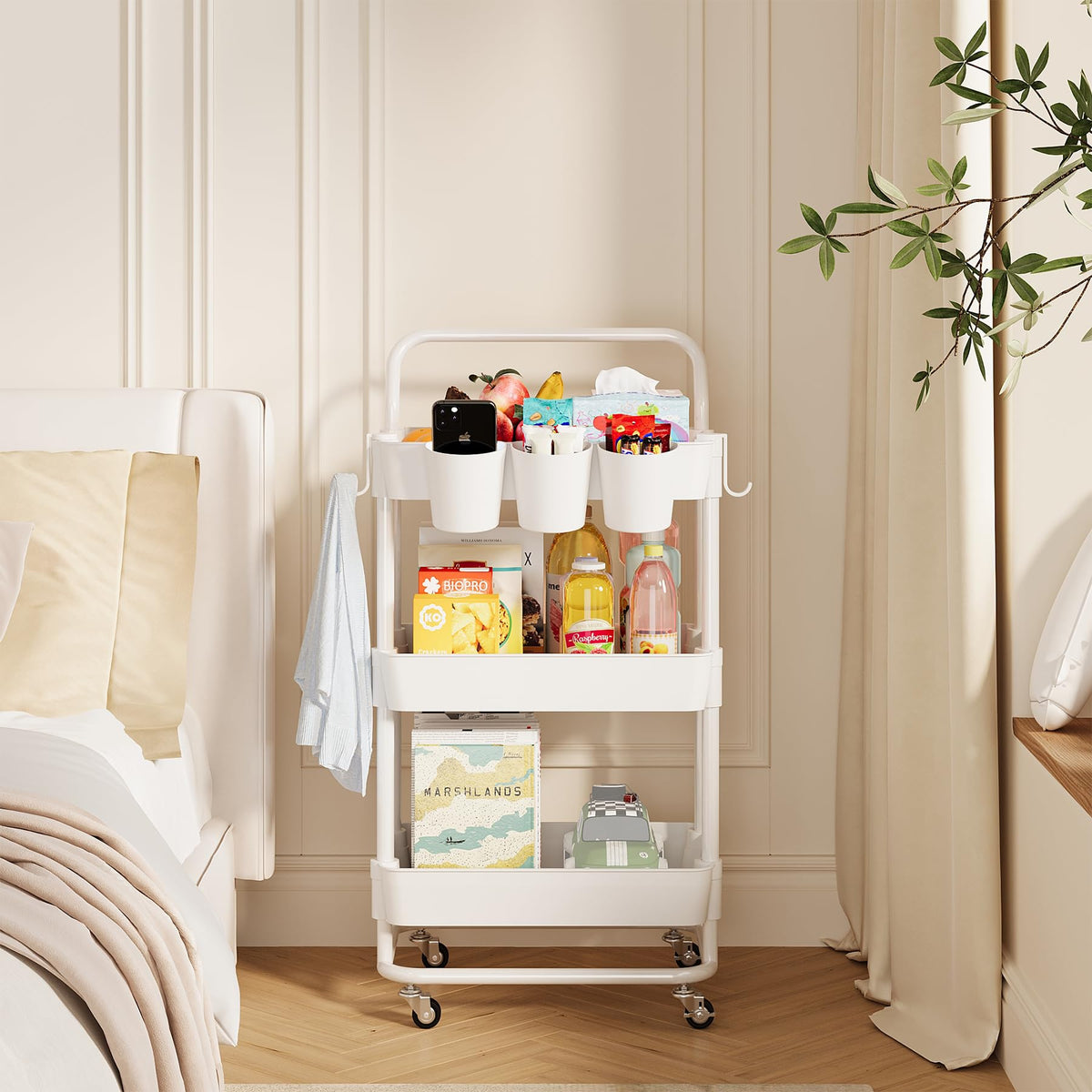 Buzowruil 3-Tier Rolling Utility Cart, Storage Cart with Handle Multi-Purpose and Locking