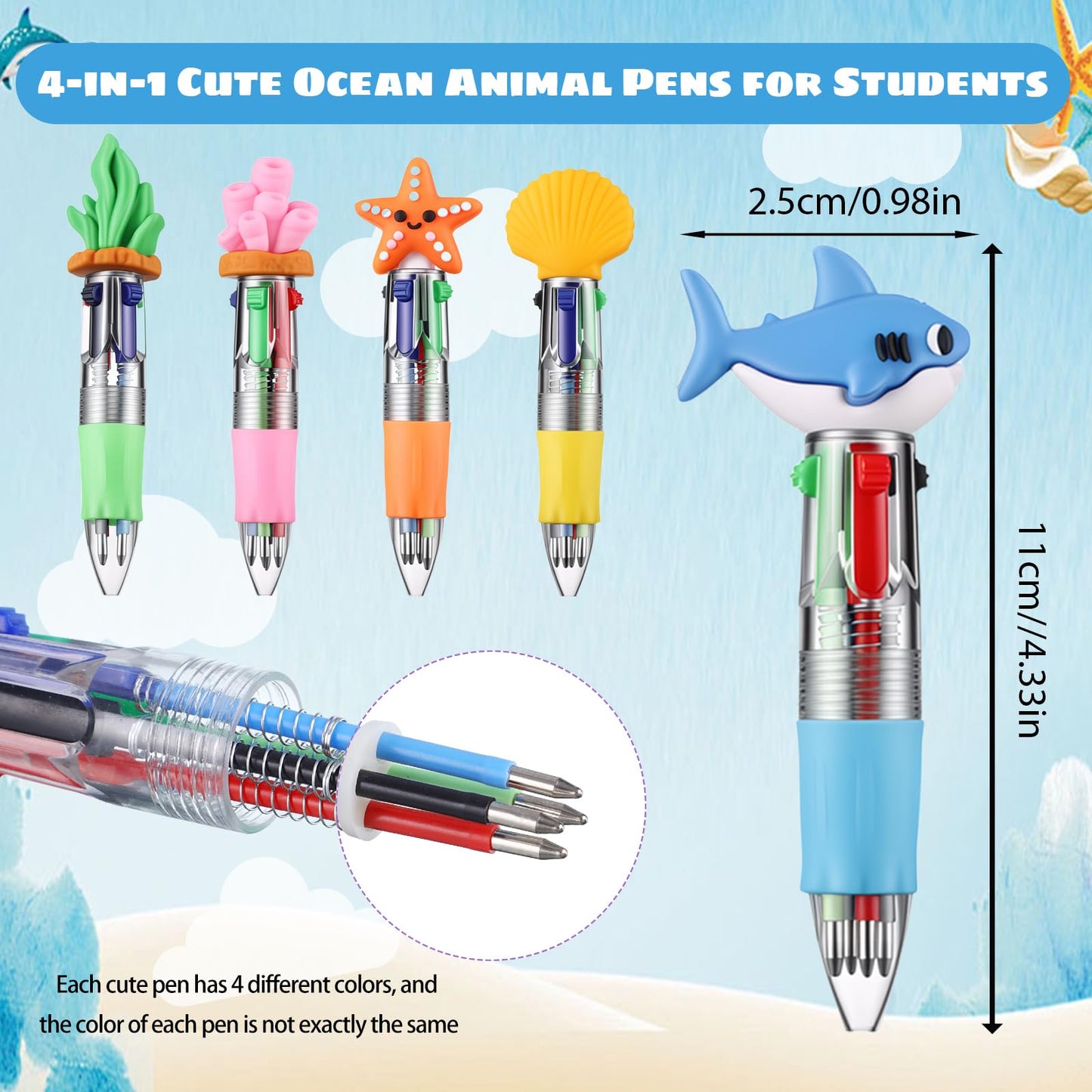 BESARME 48 Pcs Ocean Pens for Students, 4-in-1 Cute Pen Gifts