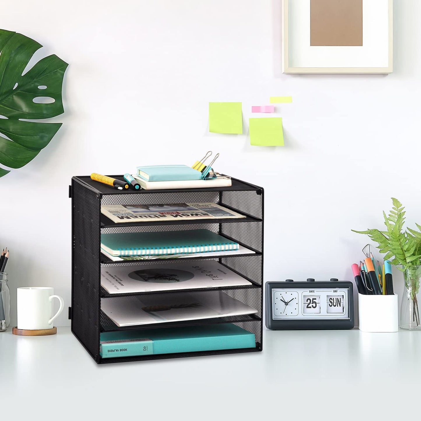 EASEPRES 5 Slot Mesh Desk Organizer Tray, File Paper Letter Folder Holder Desktop Paper Sorter Mail