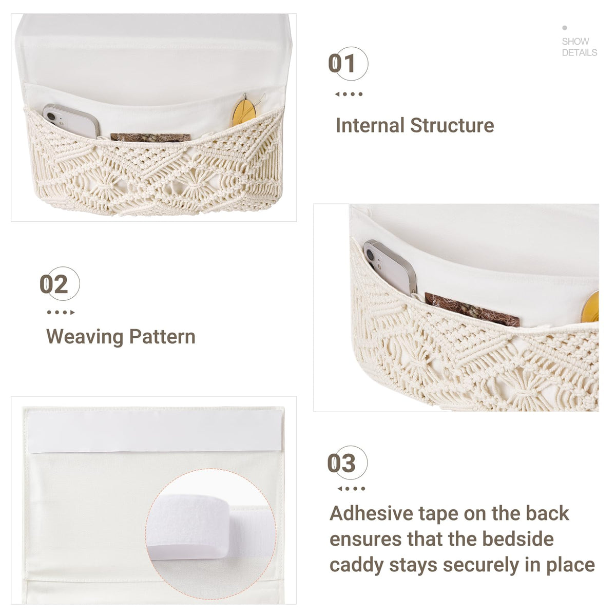Mkono Macrame Bedside Caddy, Boho Bed Storage Organizer, 4 Pockets Ivory