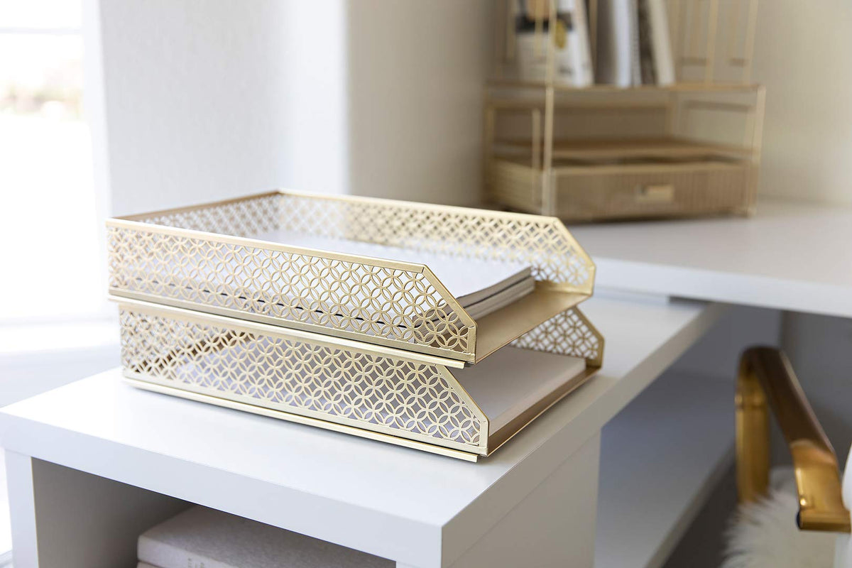 BLU MONACO | Paper Tray Stackable Gold Set of 2 | Stackable File Trays for Desk Organization |