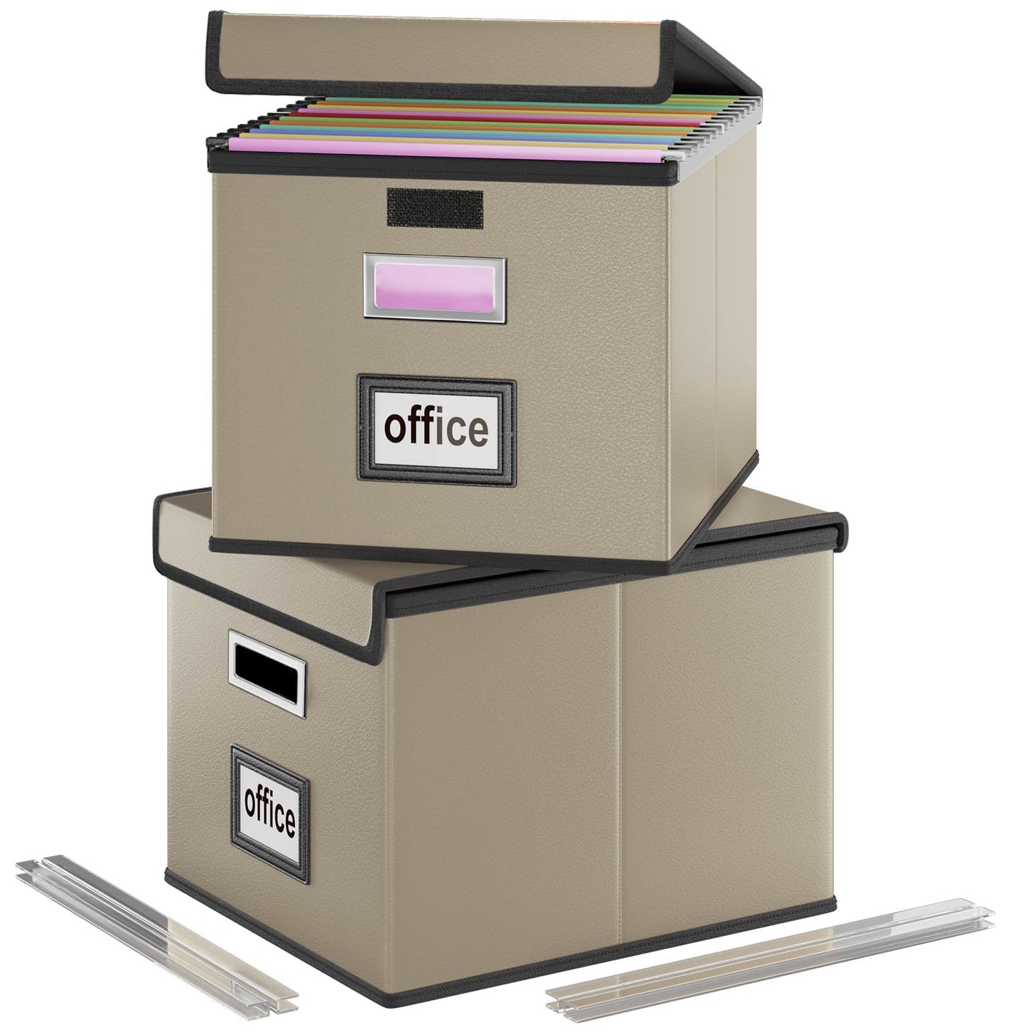 Huolewa Foldable File Organizer Box with Lids (2 Pack, Khaki, Leather)