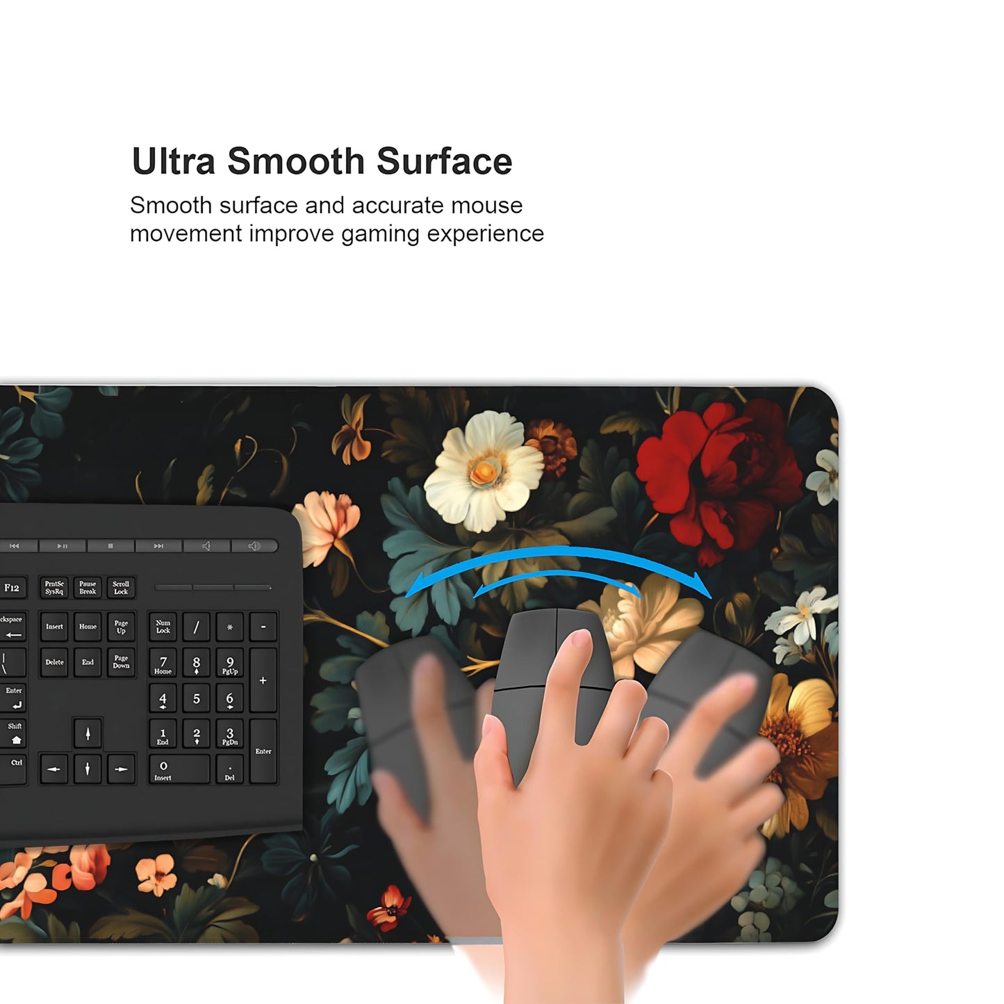 Floral Aesthetic Rose Gaming Mouse Pad, Black Dark Botanical Desk Mat with Anti-Slip Base &