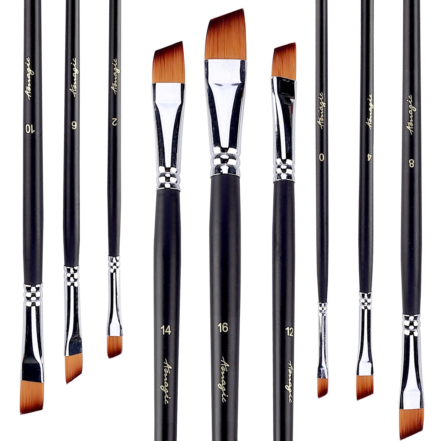 Amagic 9Pcs Angled Flat Tipped Art Paintbrush Set with Storage Container - Anti-Shedding Synthetic