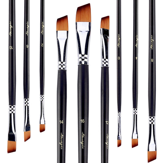 Amagic 9Pcs Angled Flat Tipped Art Paintbrush Set with Storage Container - Anti-Shedding Synthetic